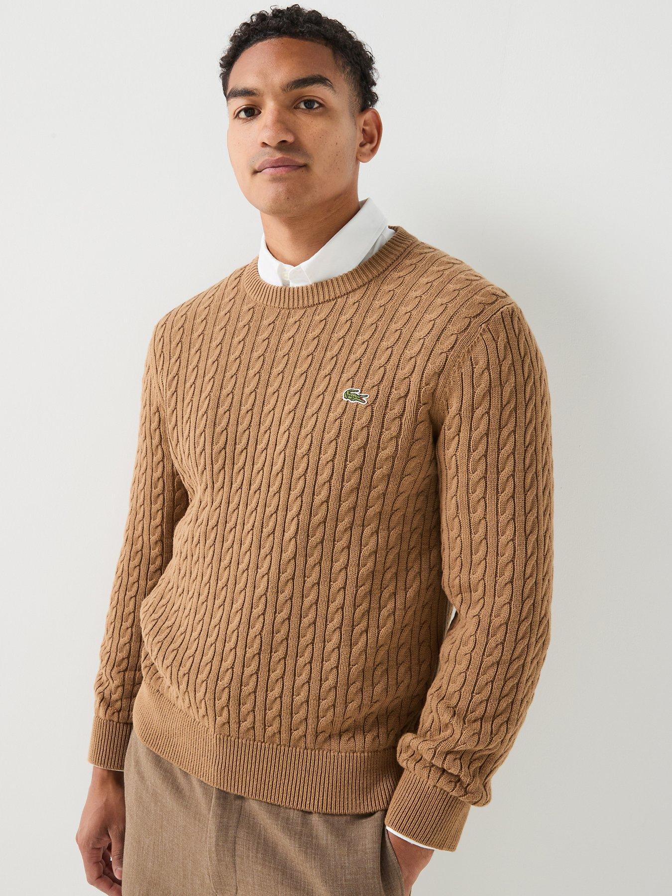 Image 1 of 6 of Lacoste Cotton Blend Cable Crew Neck Knitted Jumper - Light Brown