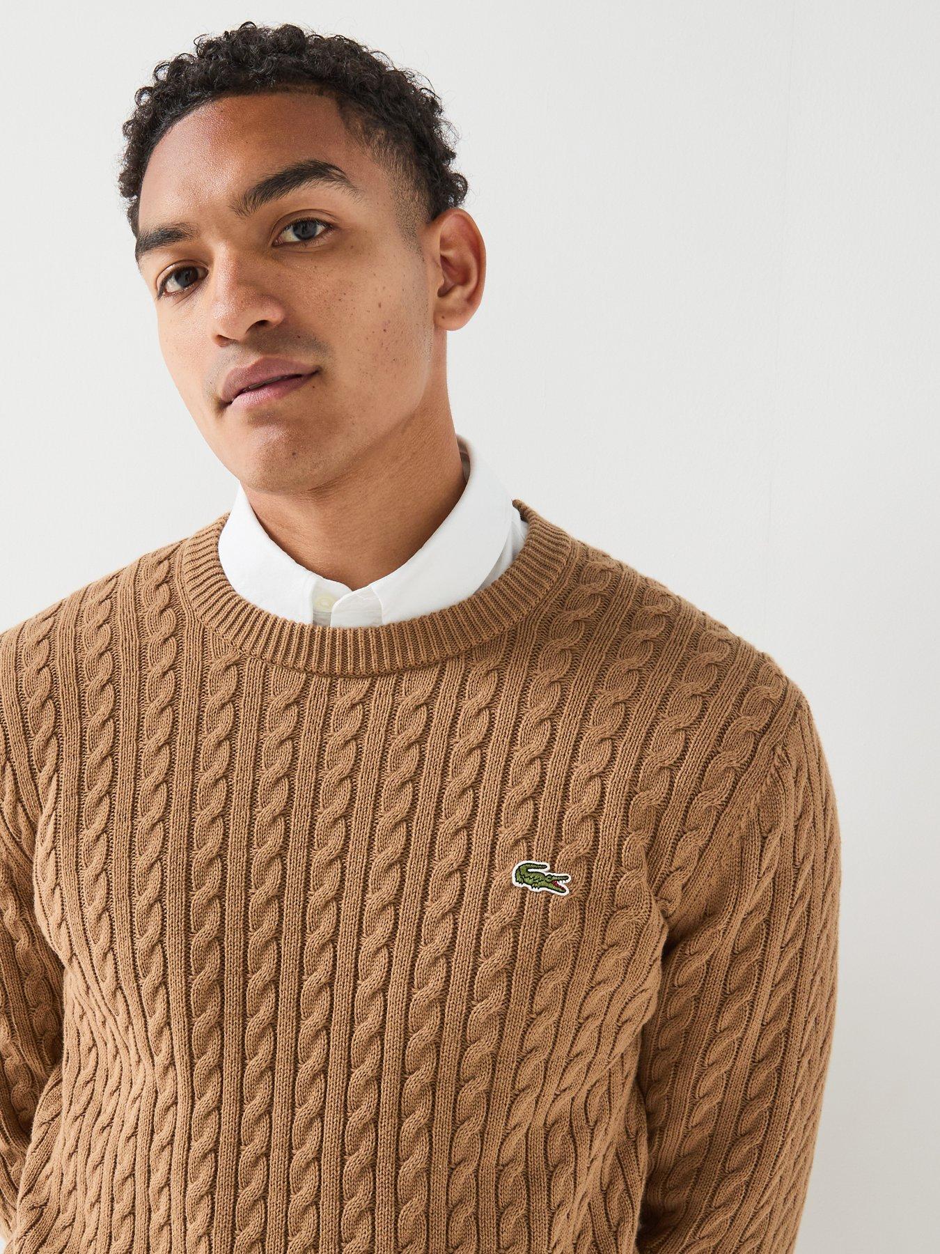Image 5 of 6 of Lacoste Cotton Blend Cable Crew Neck Knitted Jumper - Light Brown