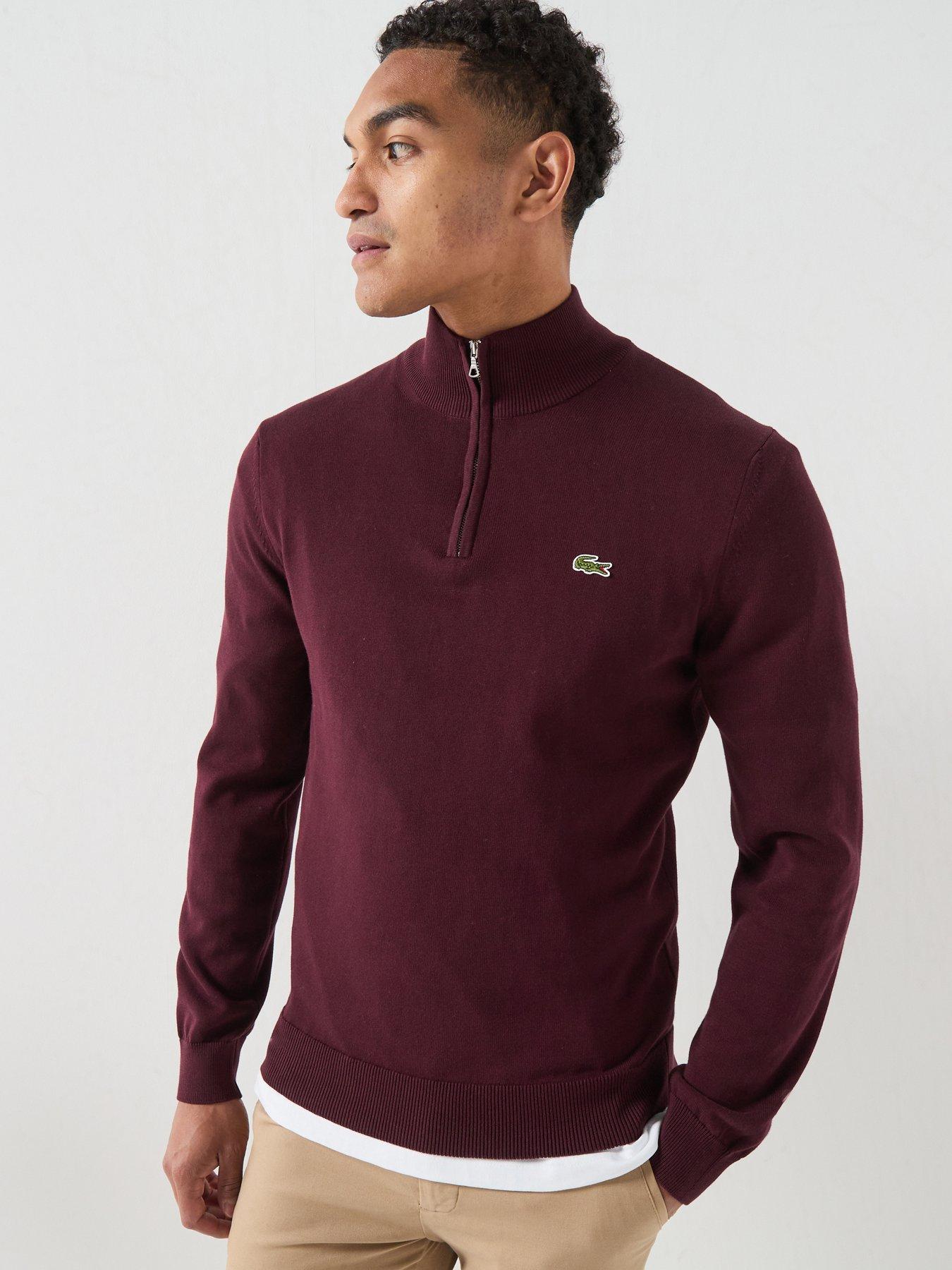 Lacoste Men's Regular Fit Quarter Zip Knitted Jumper with Crocodile Logo - Dark Red