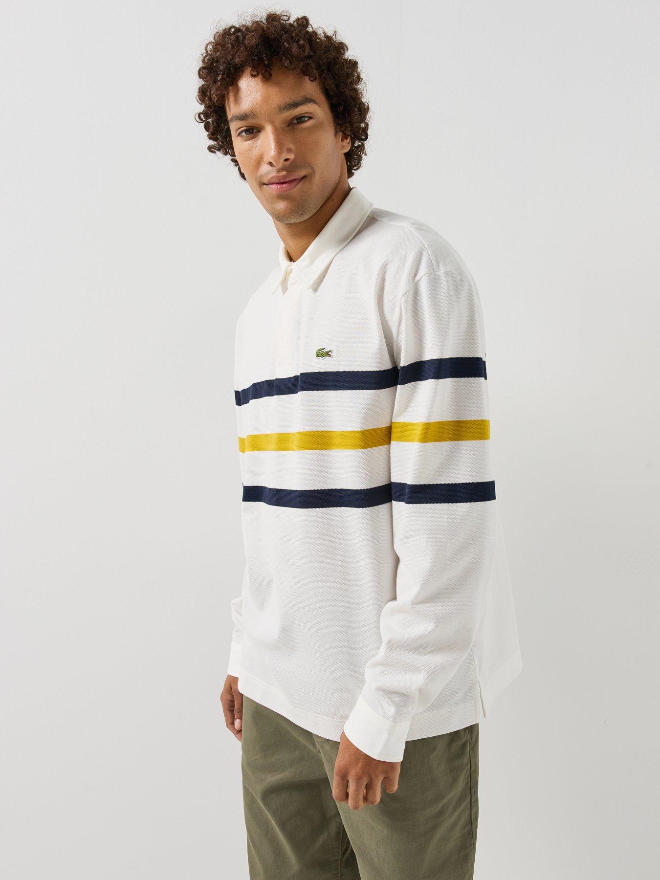 Image 1 of 6 of Lacoste Mens Relaxed Fit Striped Pique Rugby Shirt - White