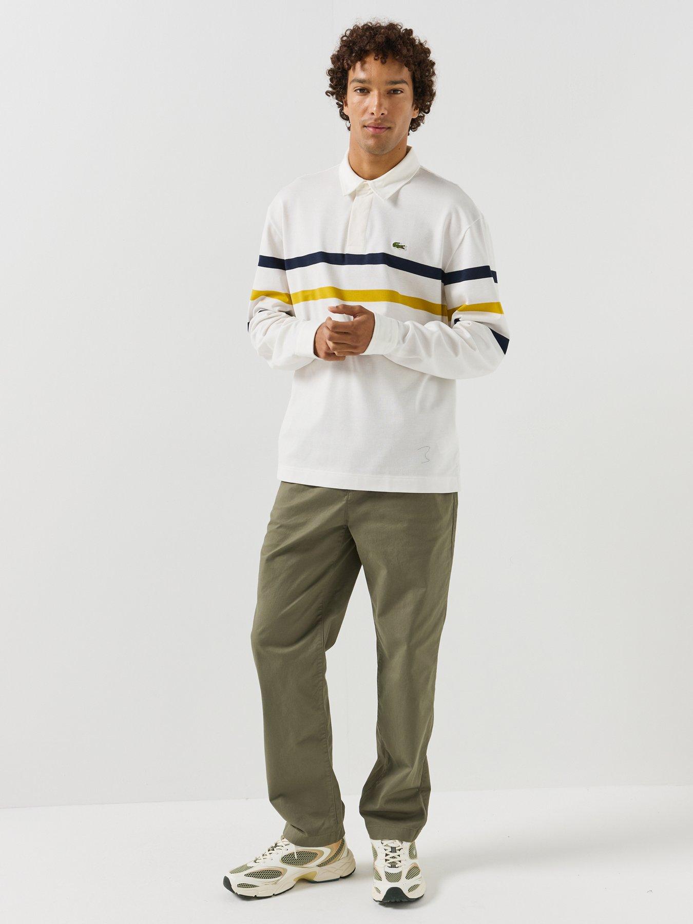 Image 3 of 6 of Lacoste Mens Relaxed Fit Striped Pique Rugby Shirt - White