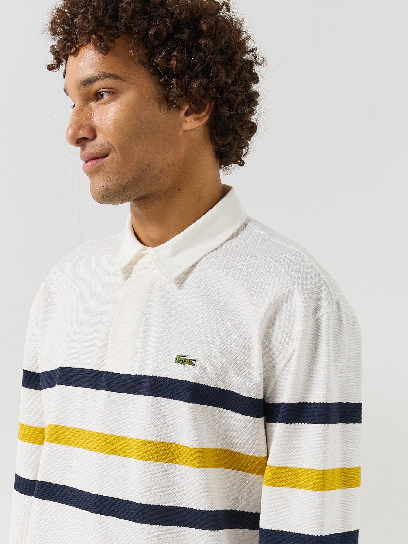 Image 5 of 6 of Lacoste Mens Relaxed Fit Striped Pique Rugby Shirt - White