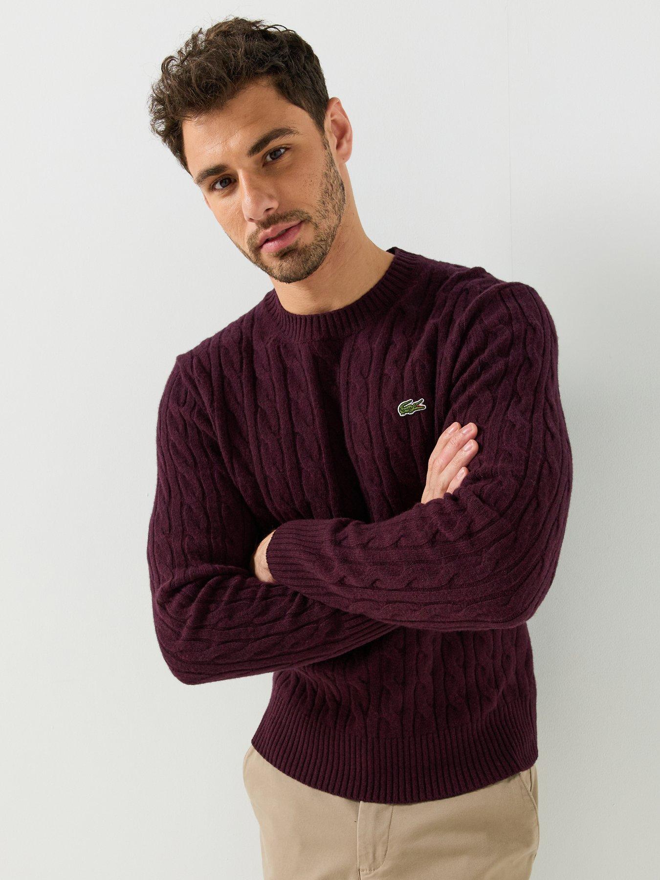 Image 1 of 5 of Lacoste Cable Knit Wool Crew Neck Knitted Jumper - Dark Red