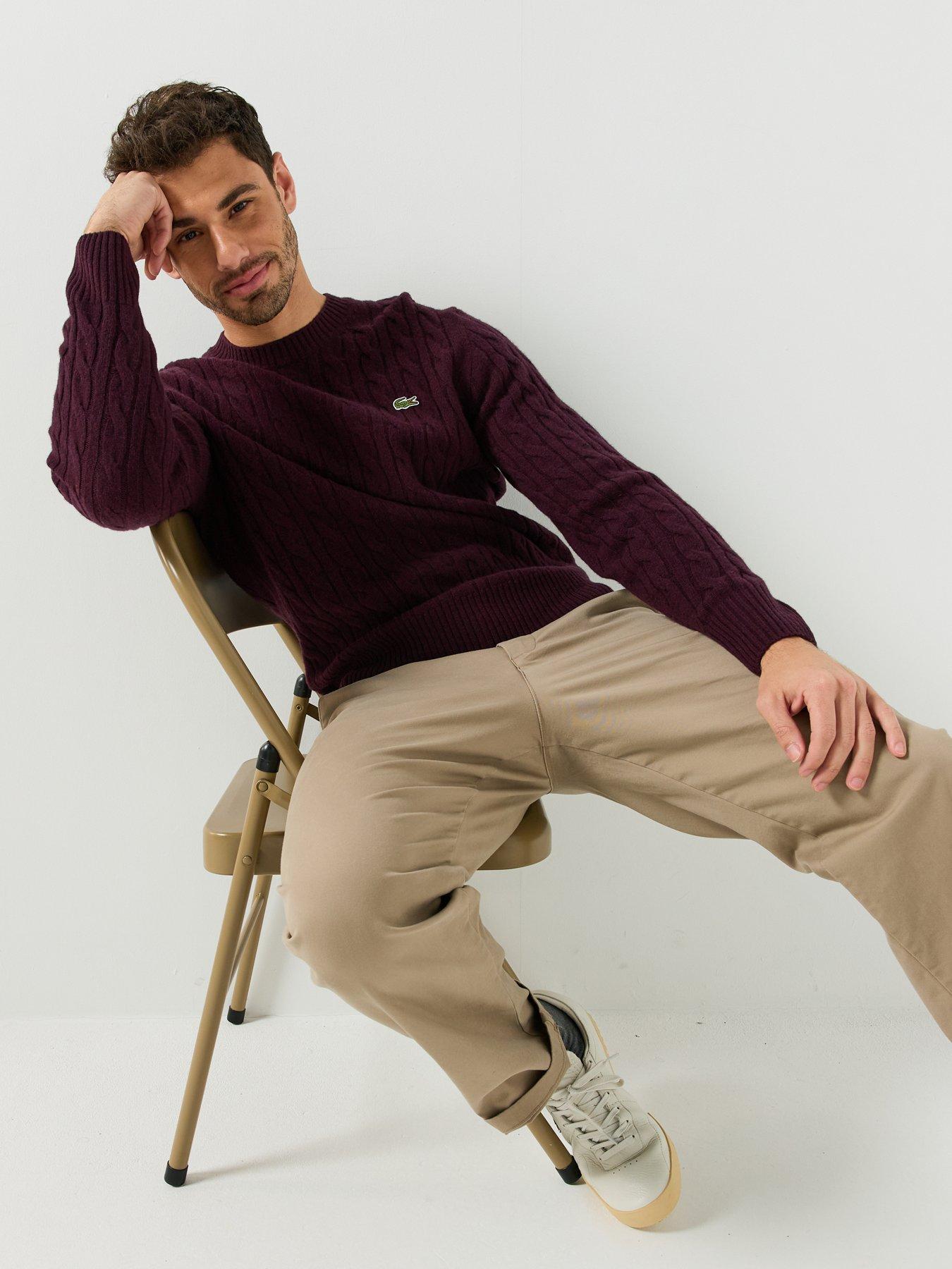 Image 3 of 5 of Lacoste Cable Knit Wool Crew Neck Knitted Jumper - Dark Red