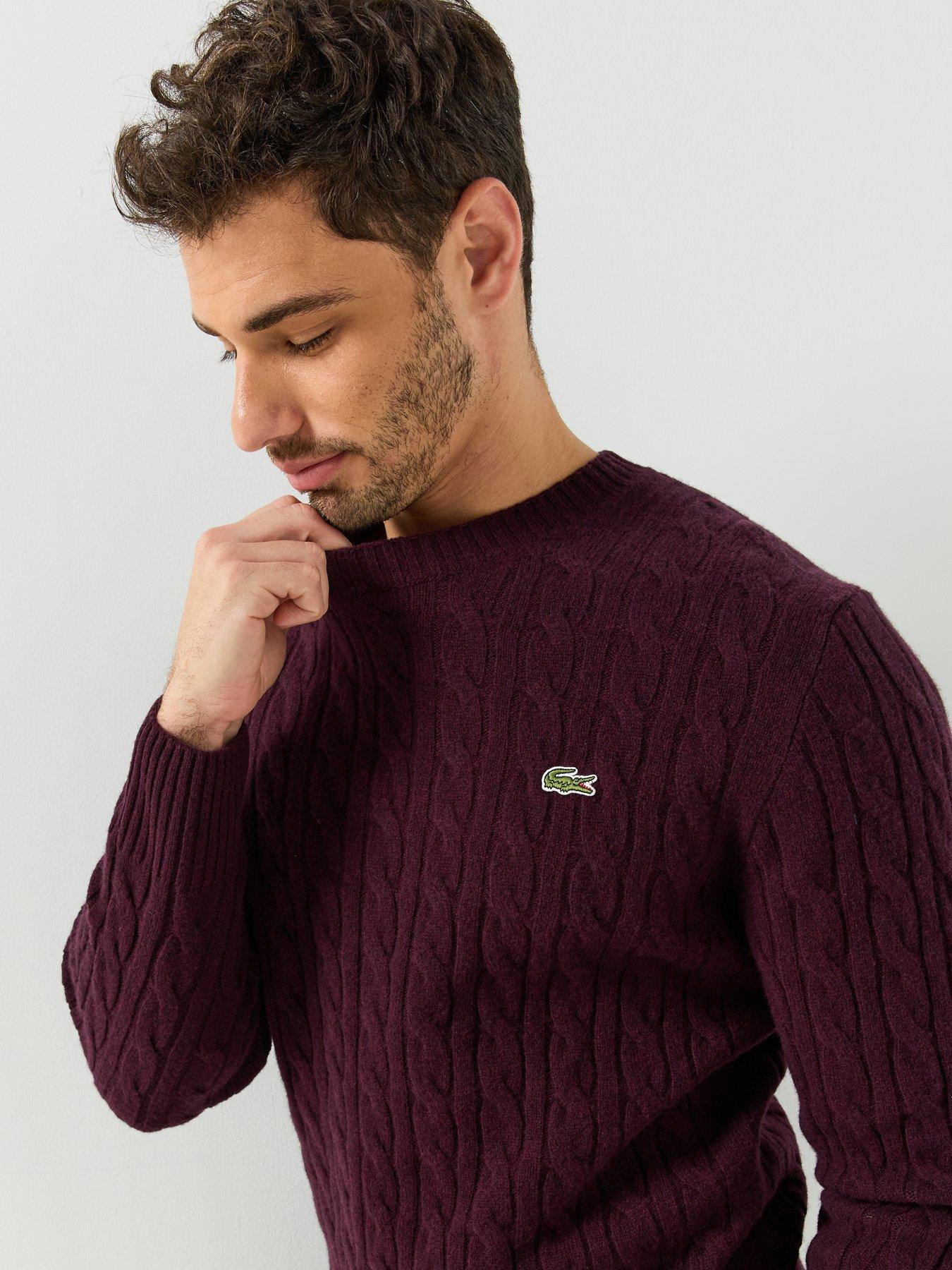 Image 4 of 5 of Lacoste Cable Knit Wool Crew Neck Knitted Jumper - Dark Red