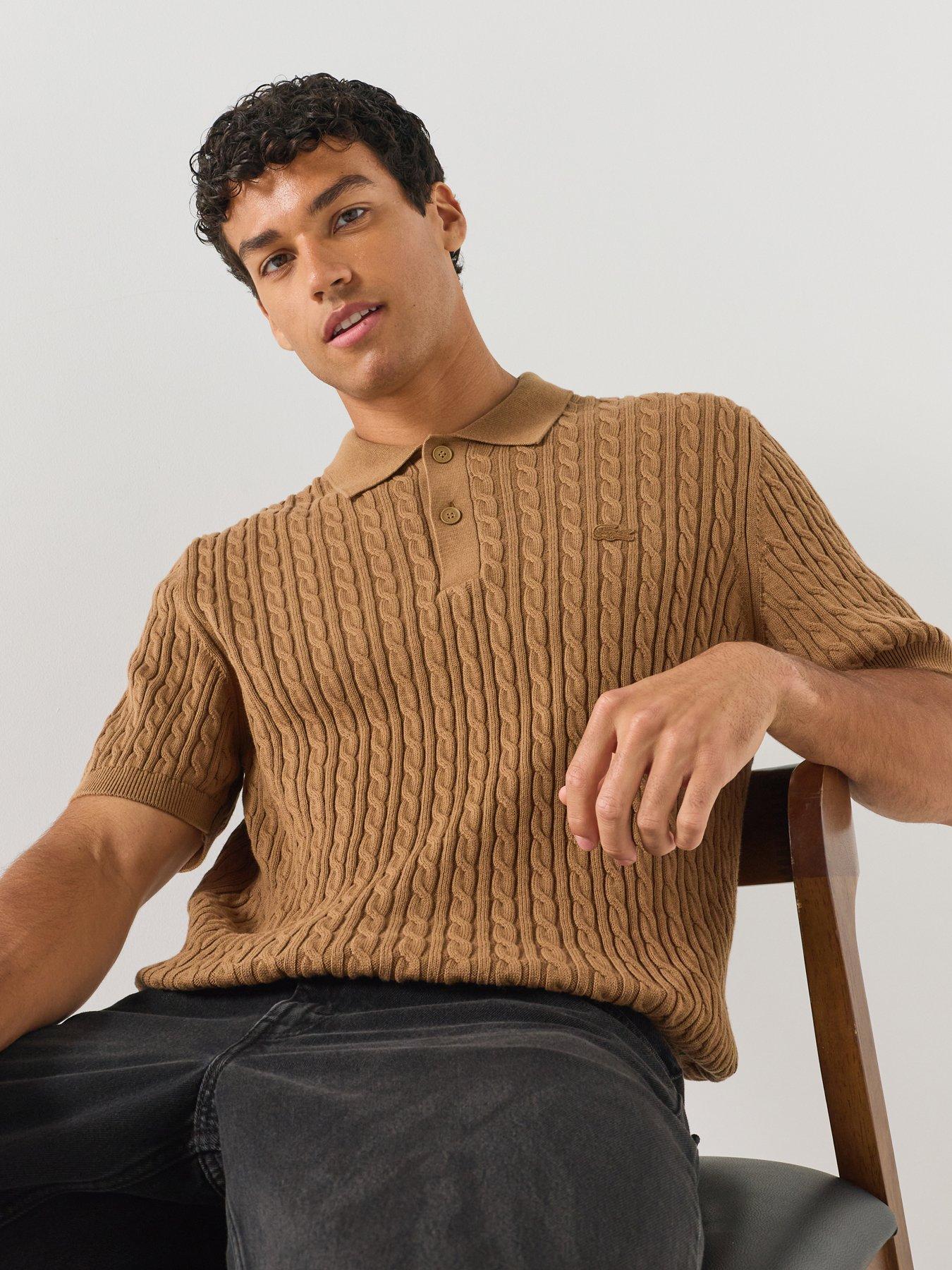 Lacoste Cotton Blend Cable Knitted Polo Shirt - Light Brown