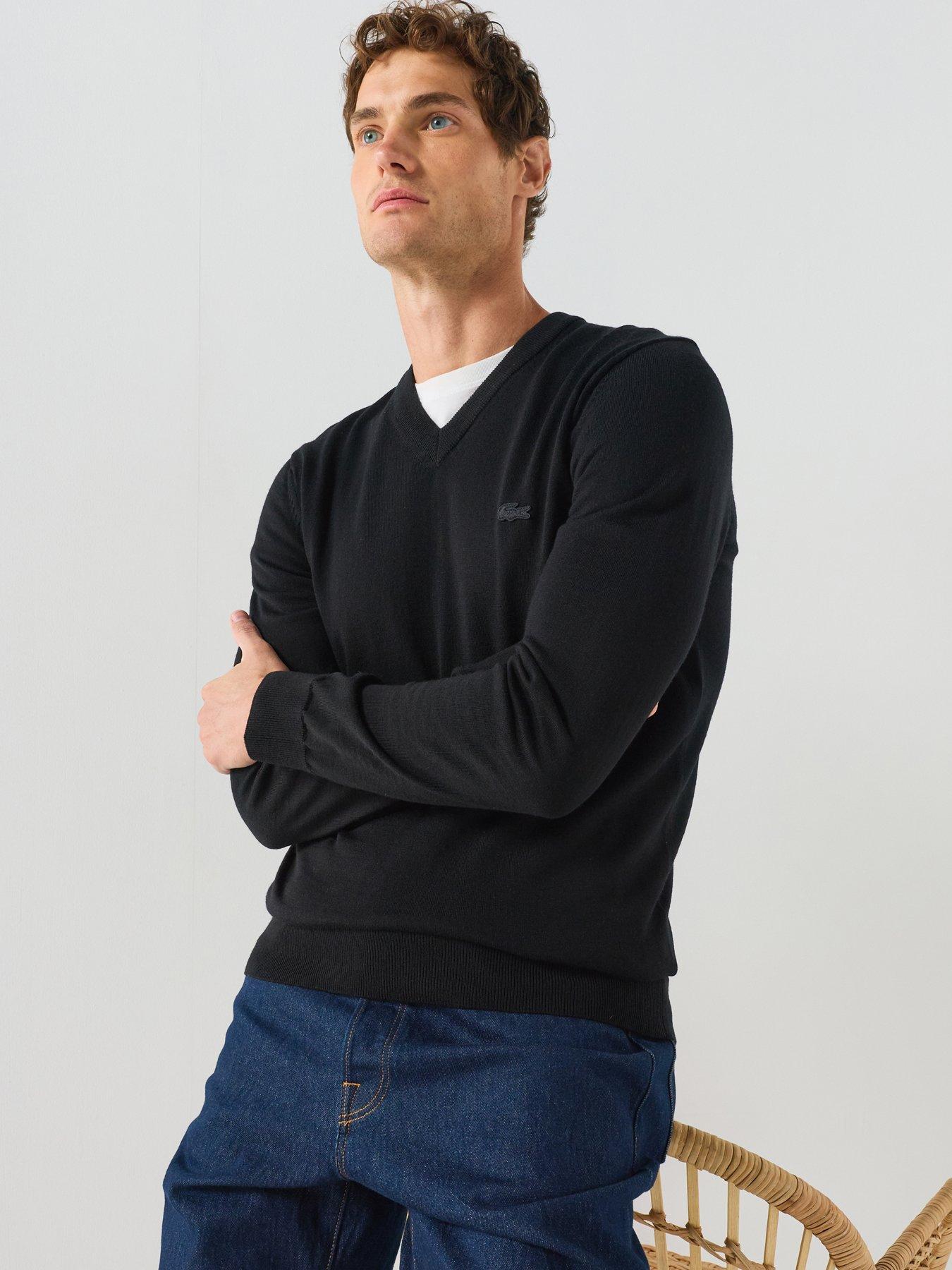 Lacoste Tonal V Neck Wool Knitted Jumper - Black