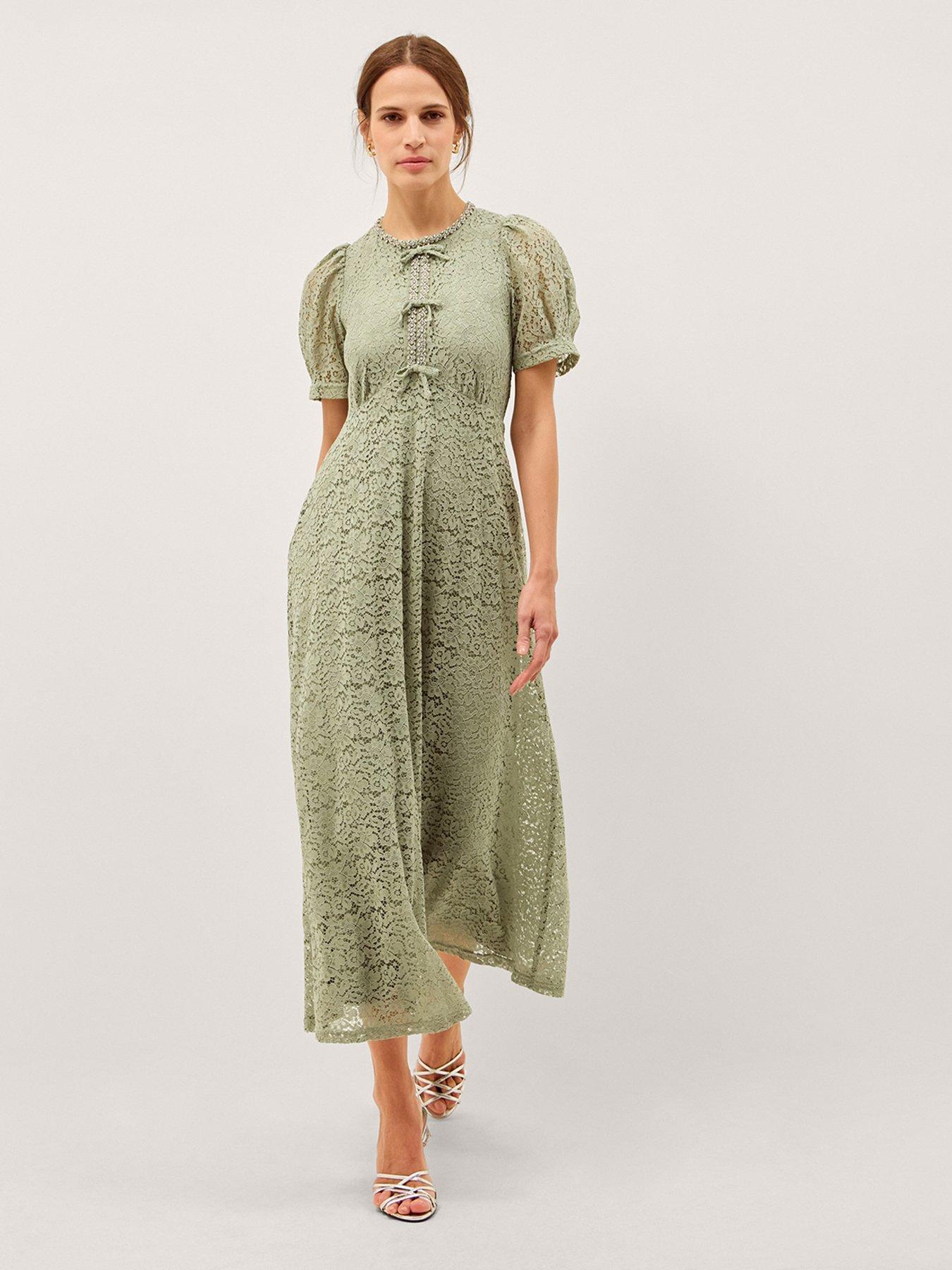 Monsoon Celina Puff Sleeve Lace Midi Dress - Green