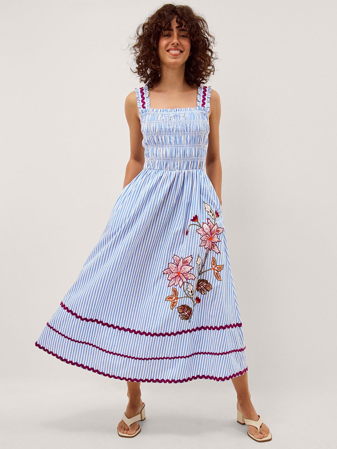 Monsoon Sloane Floral Stripe Midi Dress - Blue