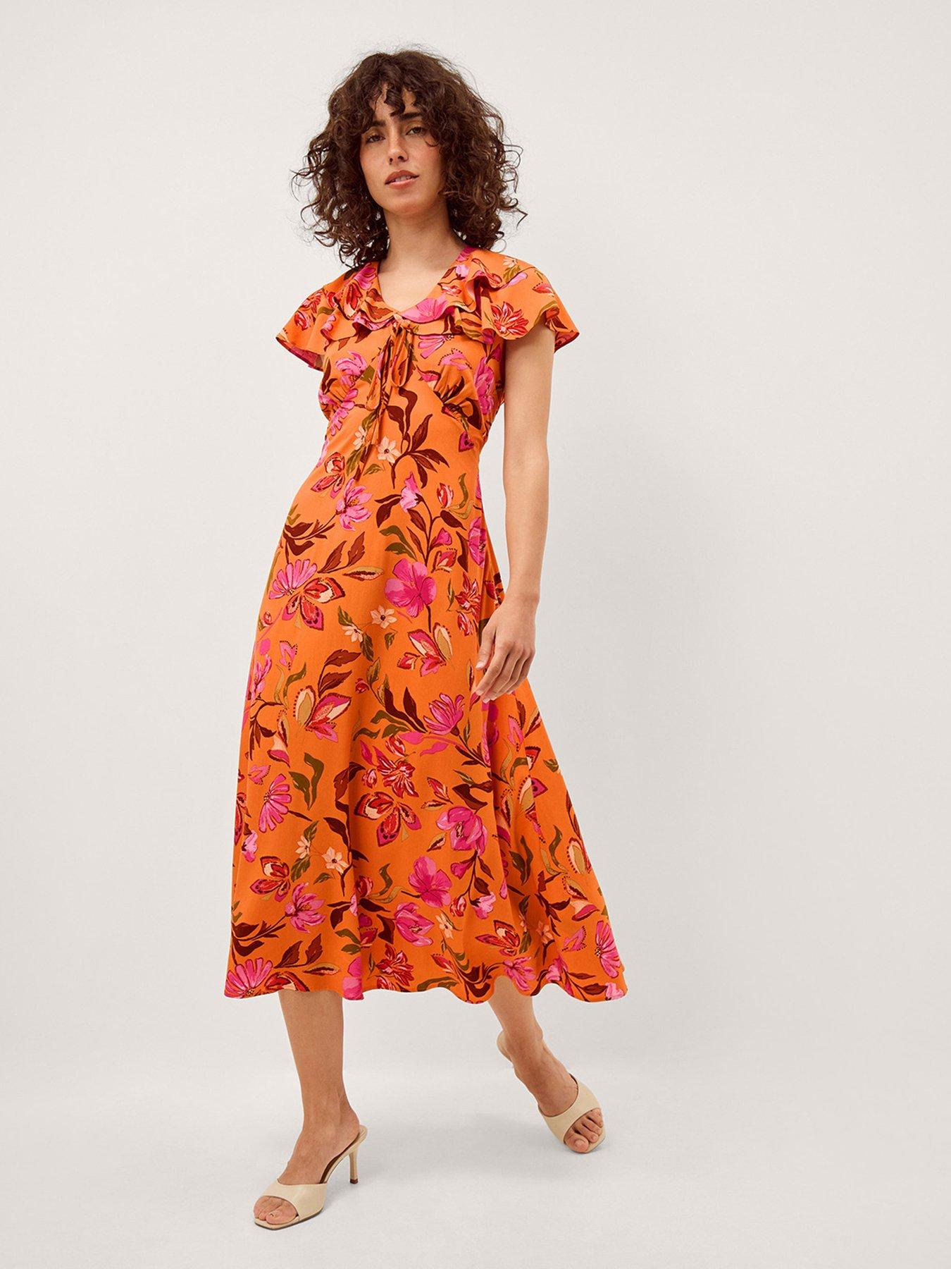 Monsoon Leila Floral Print Midi Dress  - Orange