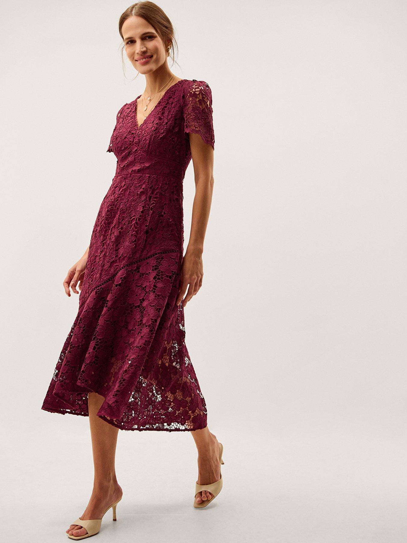 Monsoon Gia Cutwork Lace Midi Dress - Red/Burgundy