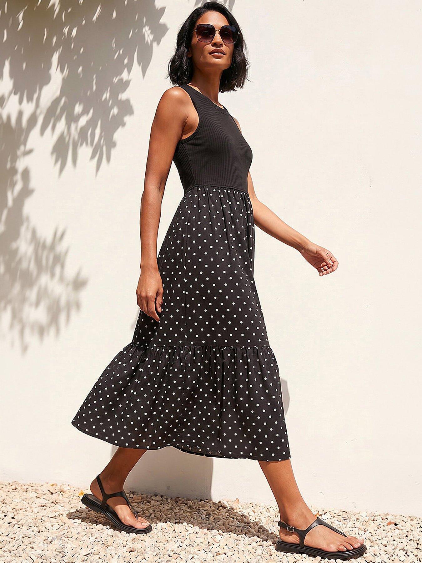 Roman Dusk Polka Dot Ribbed Midi Dress