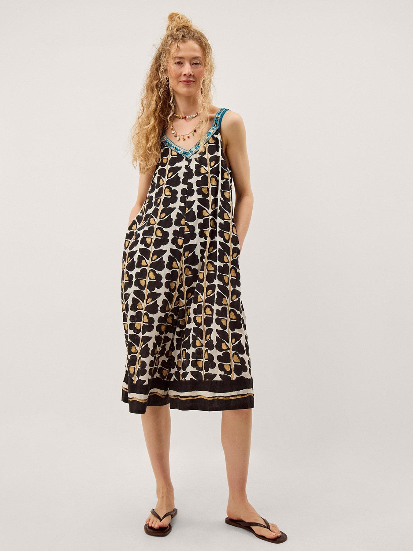 Image 1 of 4 of Monsoon Leila Woodblock Print Culotte Jumpsuit - Black