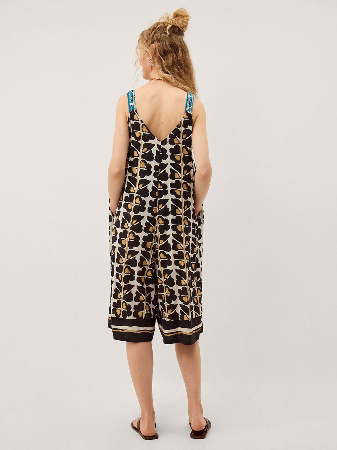 Image 2 of 4 of Monsoon Leila Woodblock Print Culotte Jumpsuit - Black
