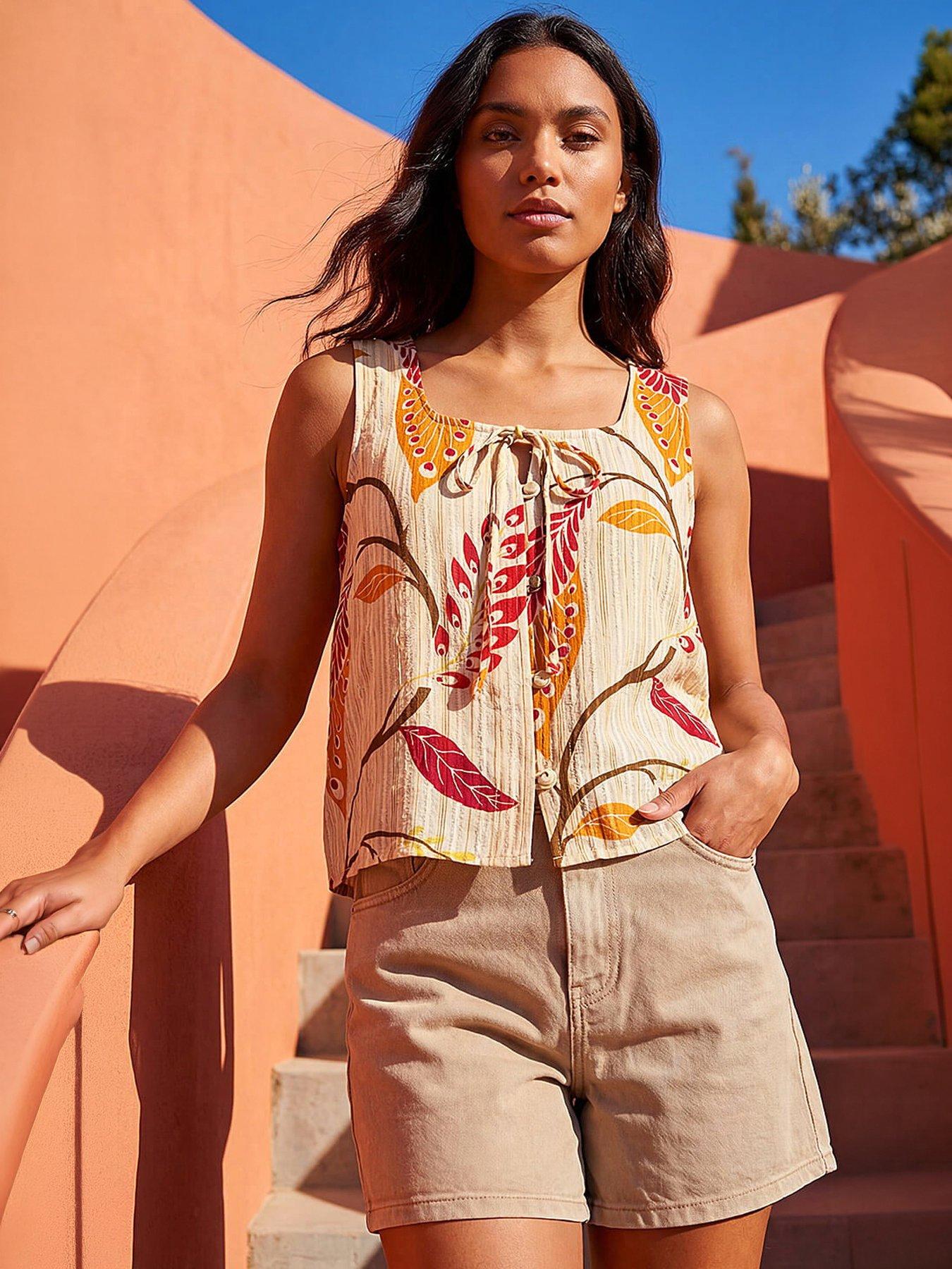 Image 1 of 4 of Roman Leaf Print Textured Tie Front Blouse