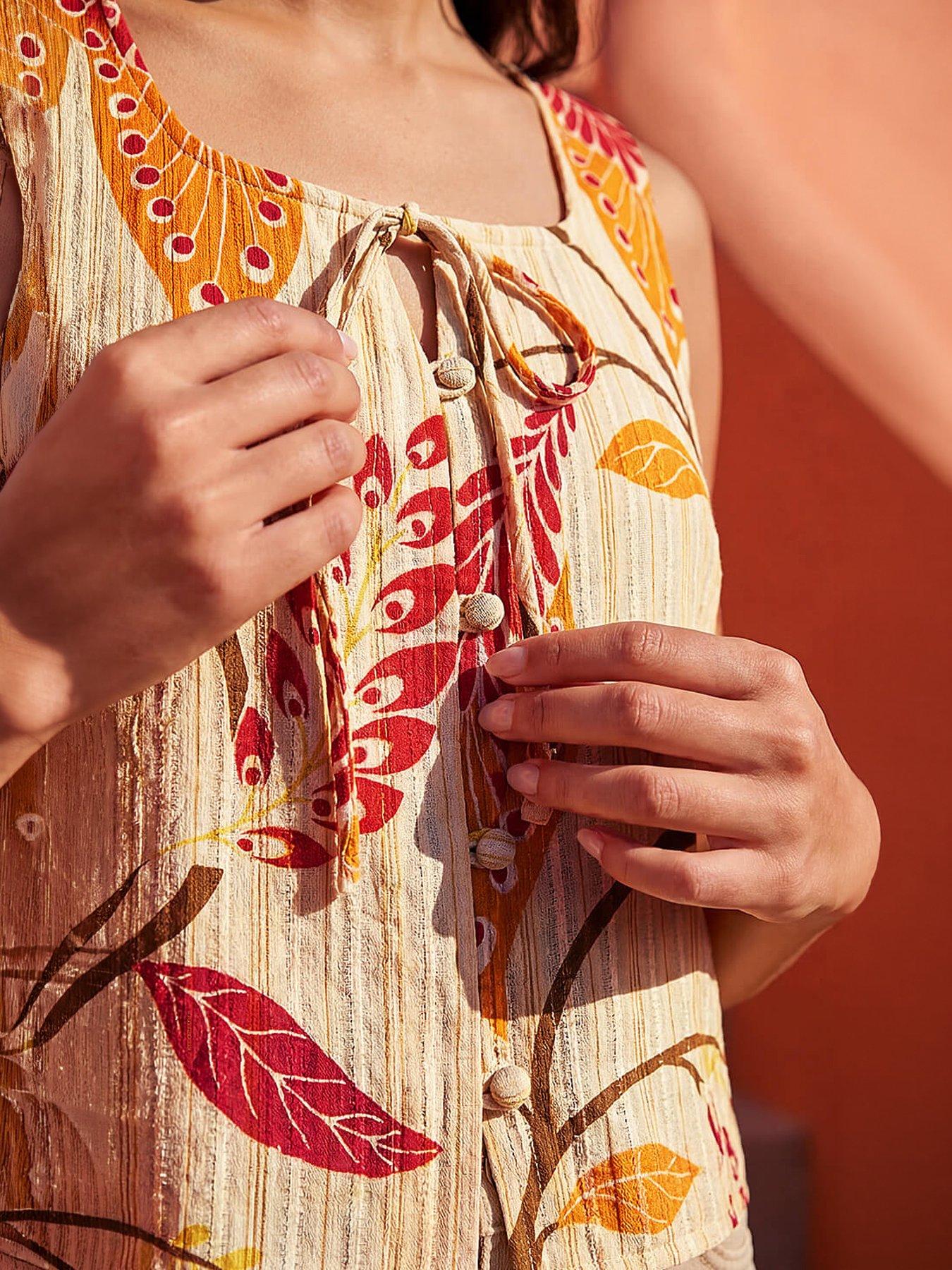 Image 3 of 4 of Roman Leaf Print Textured Tie Front Blouse