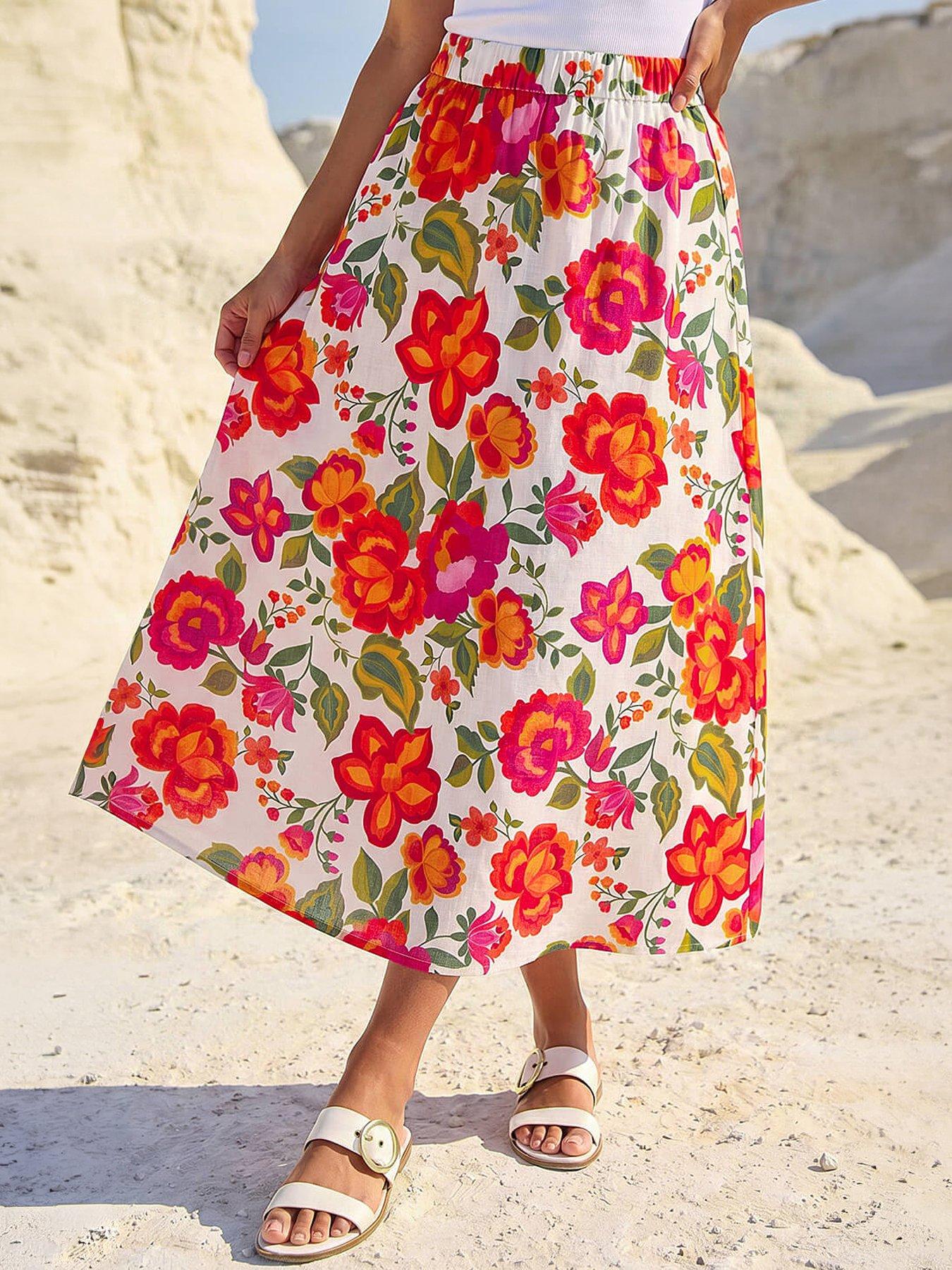 Roman Dusk Floral Print A-line Midi Skirt