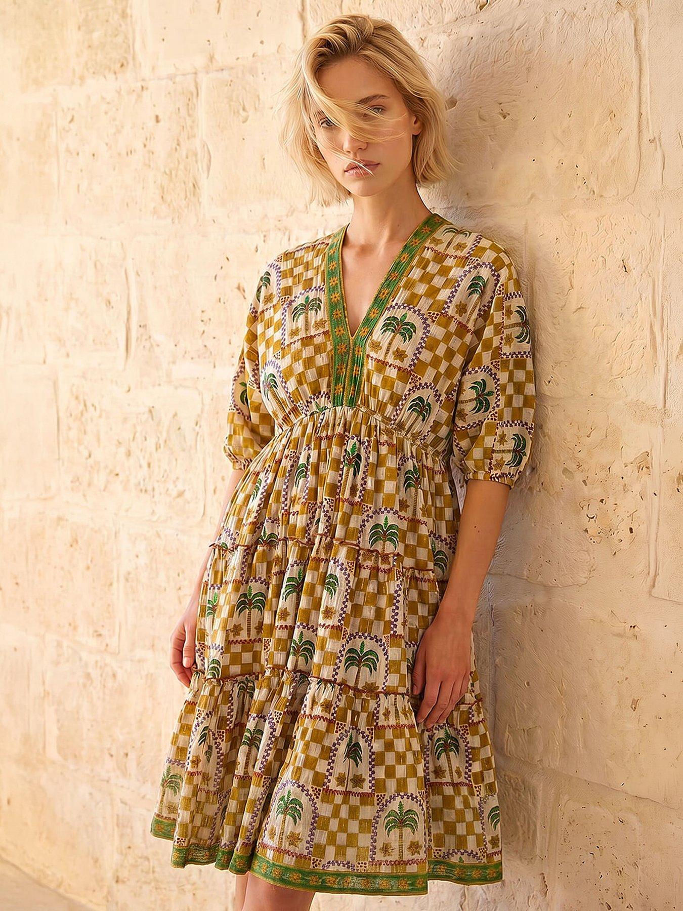 Roman Palm Check Boho Dress