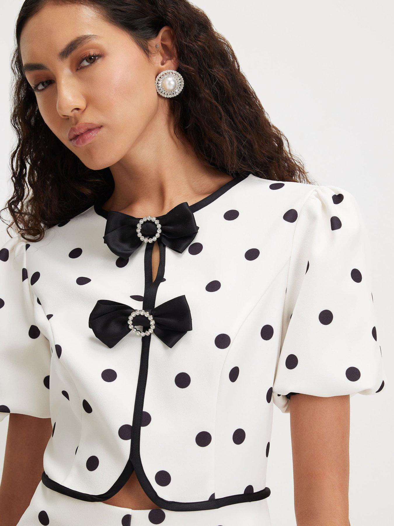 Image 4 of 5 of River Island Short Sleeve Polka Dot Bow Frnt Playsuit - Cream