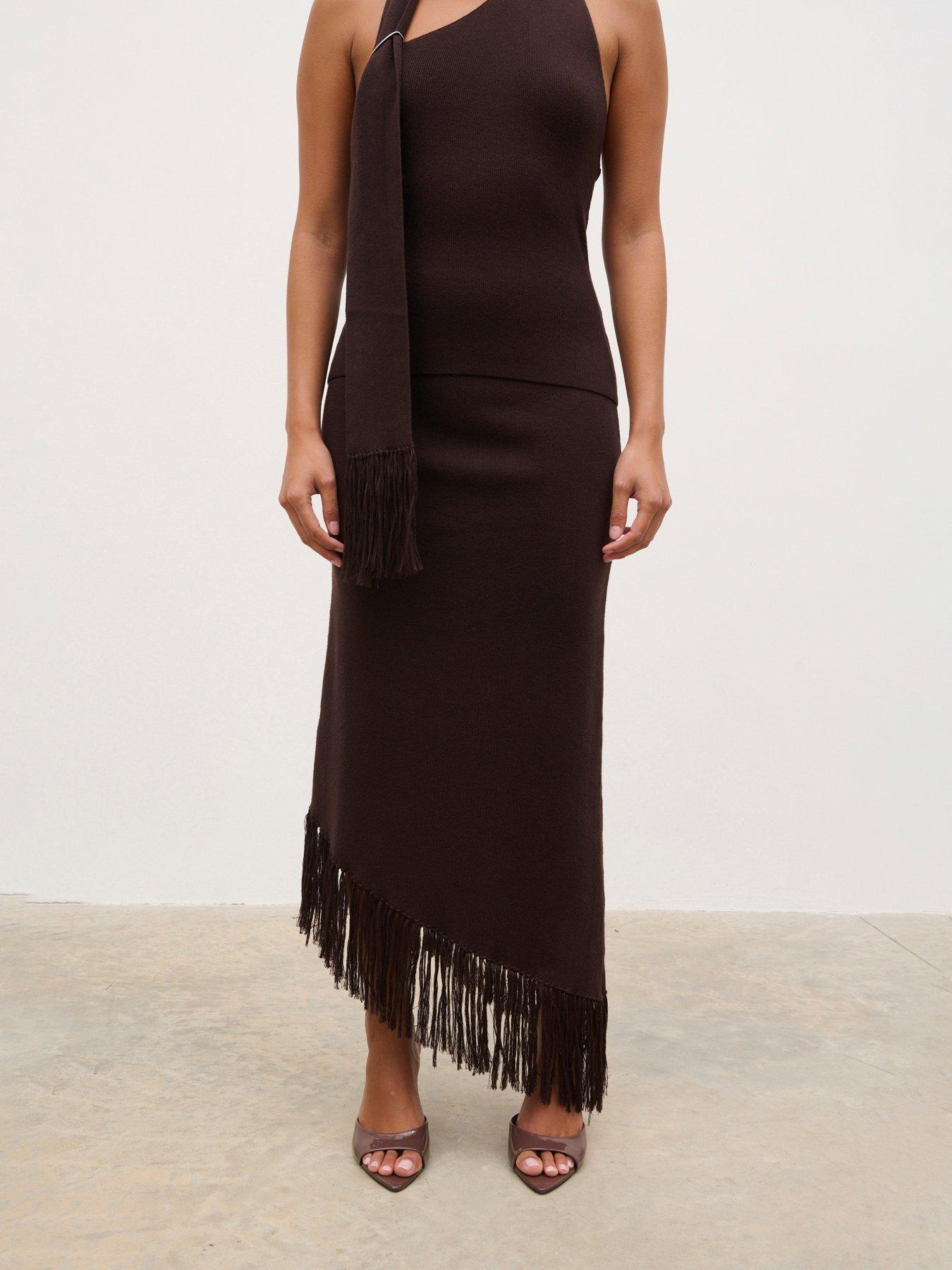 Pretty Lavish Polly Fringe Knit Maxi Skirt - Brown