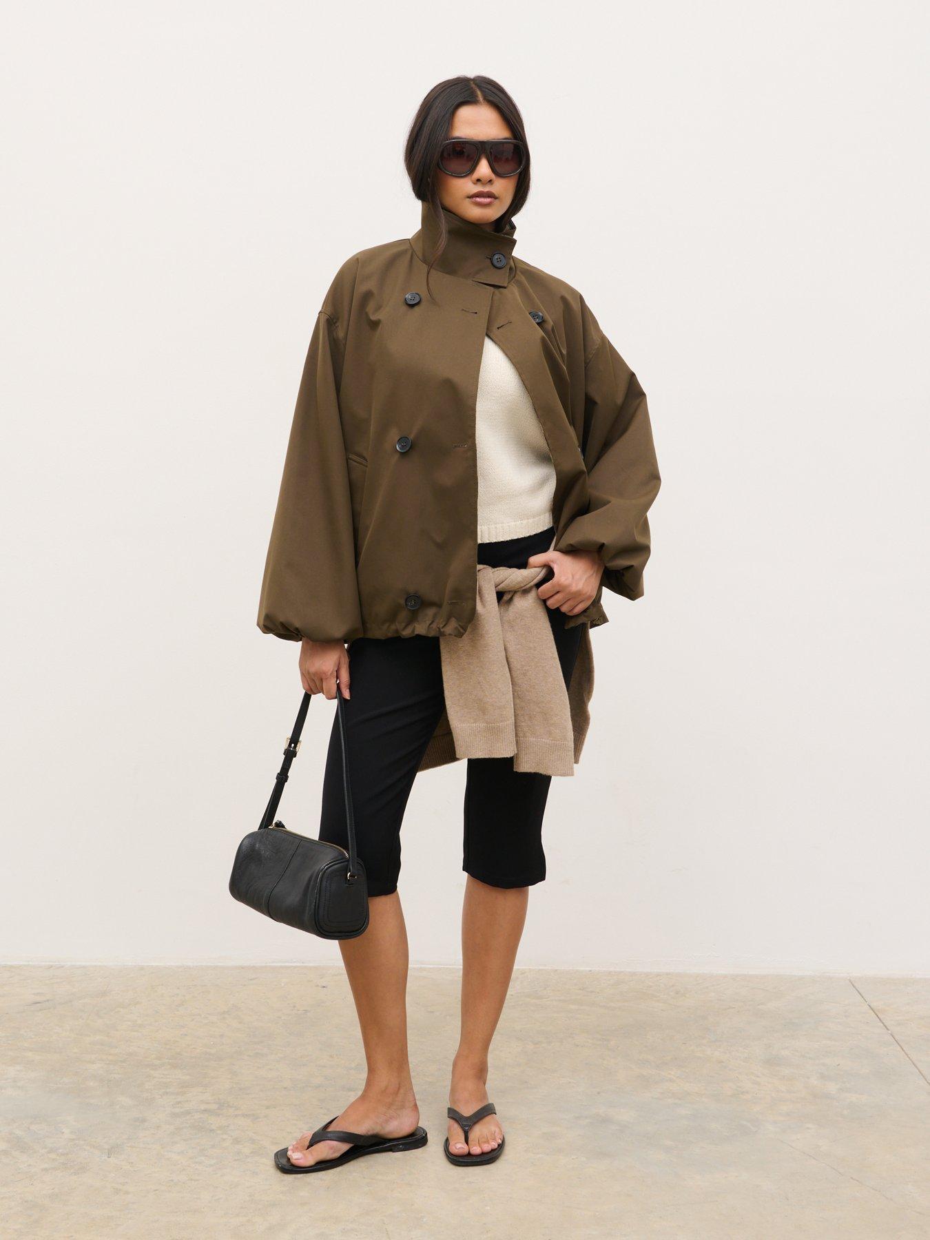 Image 2 of 4 of Pretty Lavish Katie Funnel Neck Reversible Short Trench&nbsp;- Brown Check