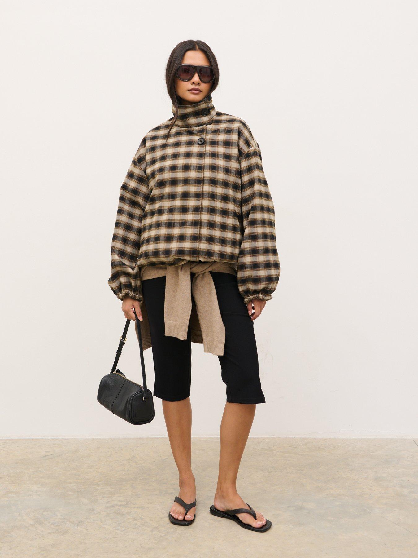 Image 3 of 4 of Pretty Lavish Katie Funnel Neck Reversible Short Trench&nbsp;- Brown Check