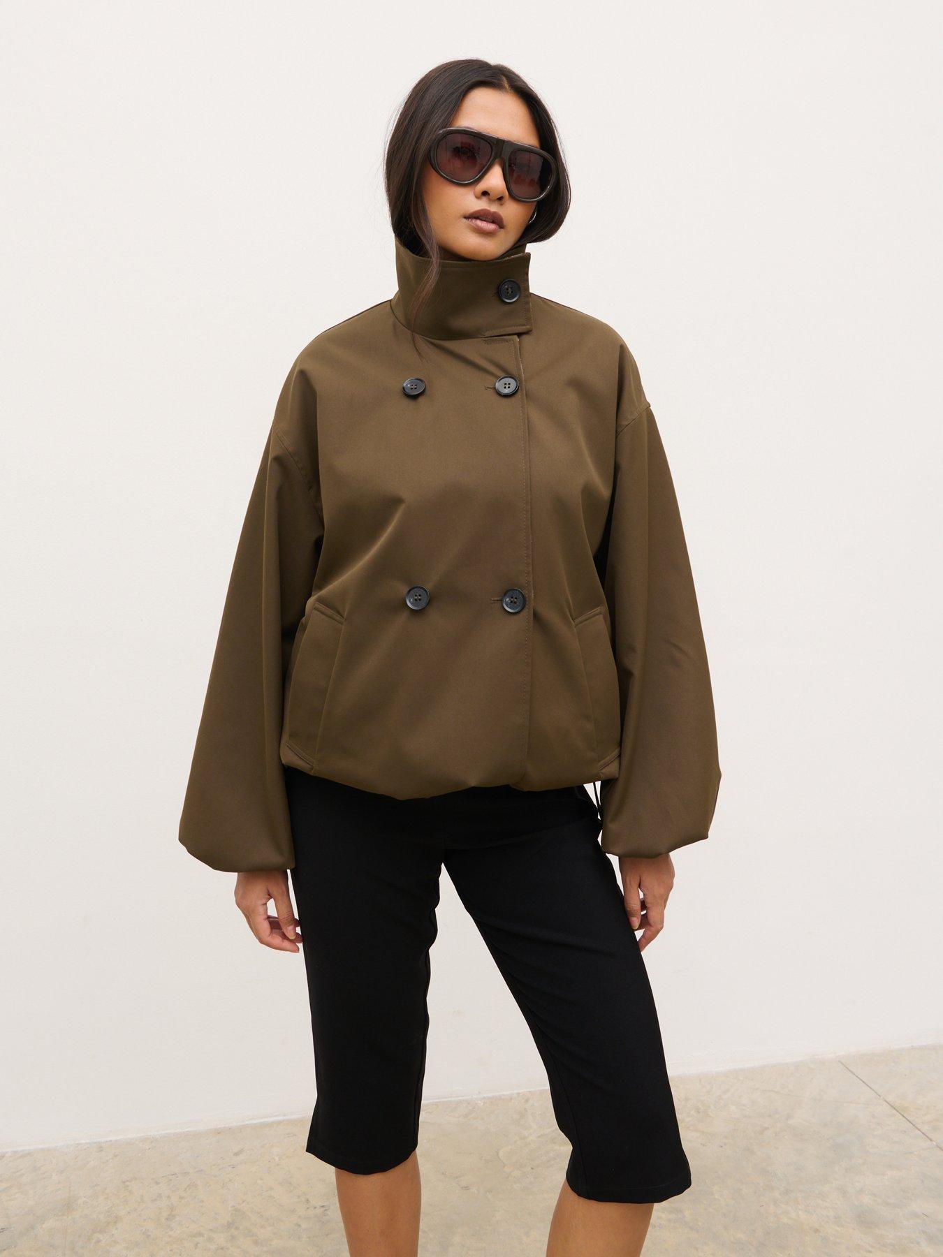 Image 4 of 4 of Pretty Lavish Katie Funnel Neck Reversible Short Trench&nbsp;- Brown Check