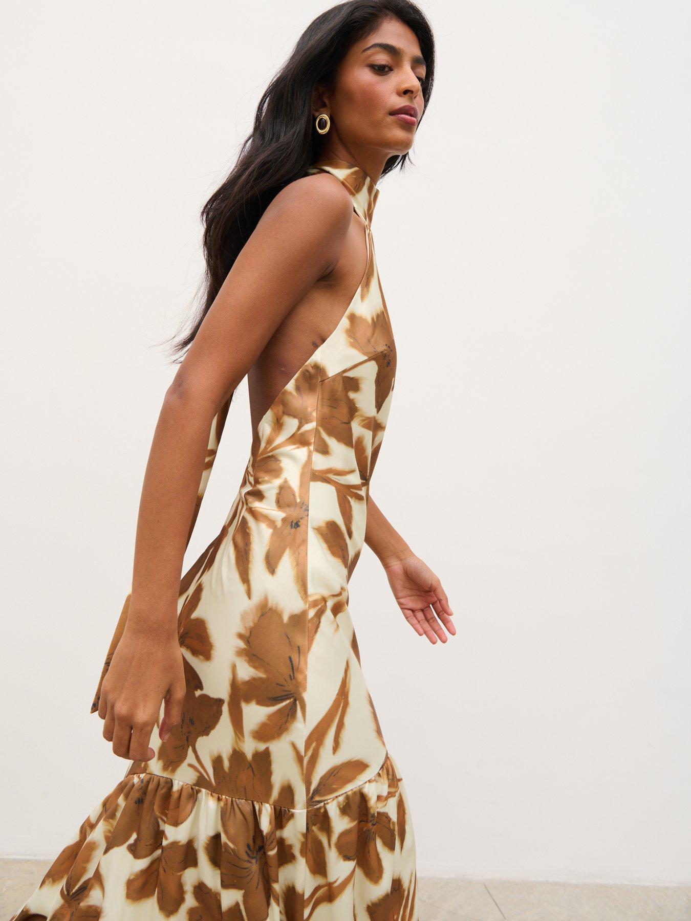 Image 1 of 5 of Pretty Lavish Avery High Neck Backless Maxi Dress - Brown