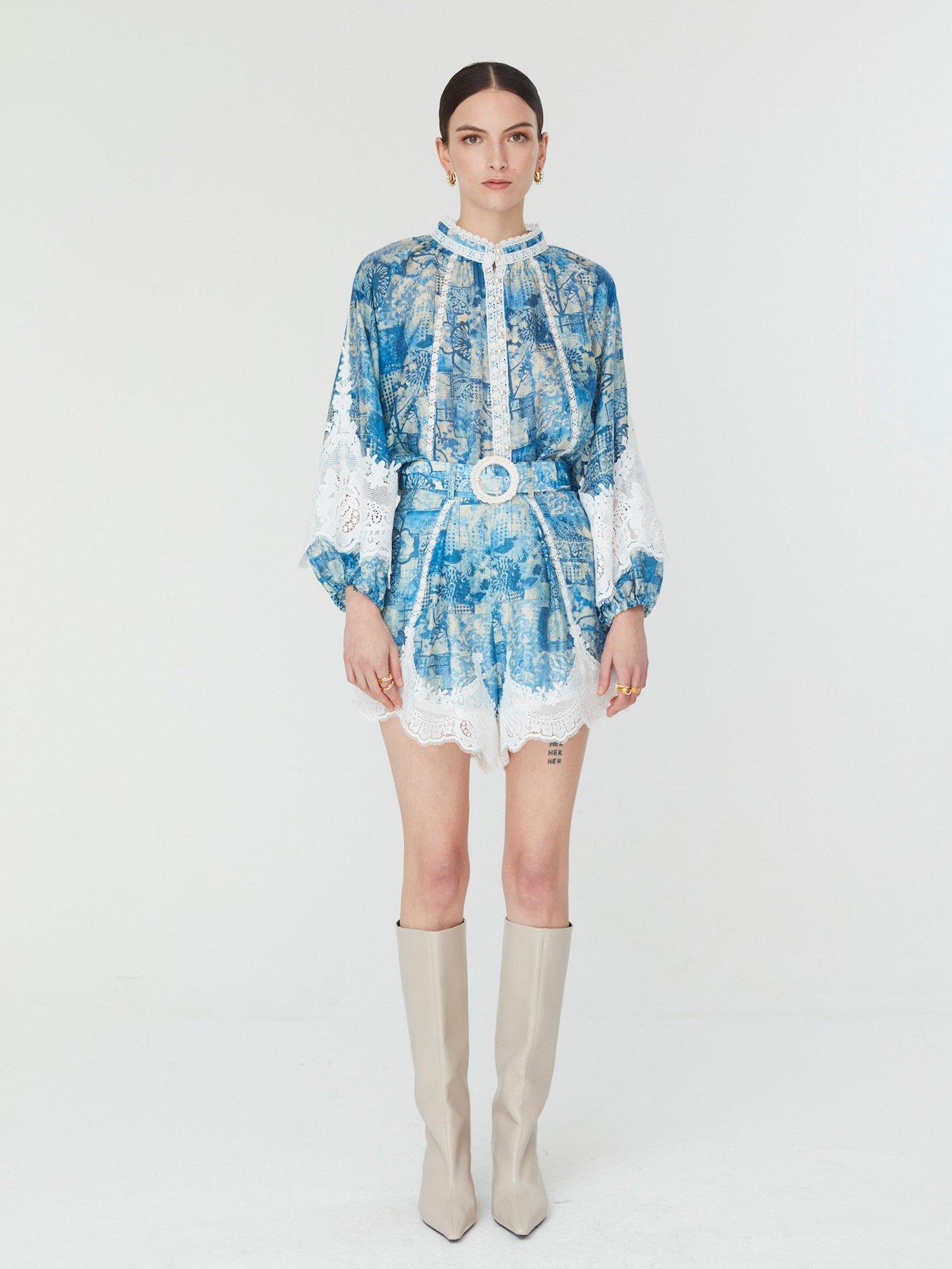 Jovonna London Mira Women's Printed Lace Trim High Neck Blouse - Blue