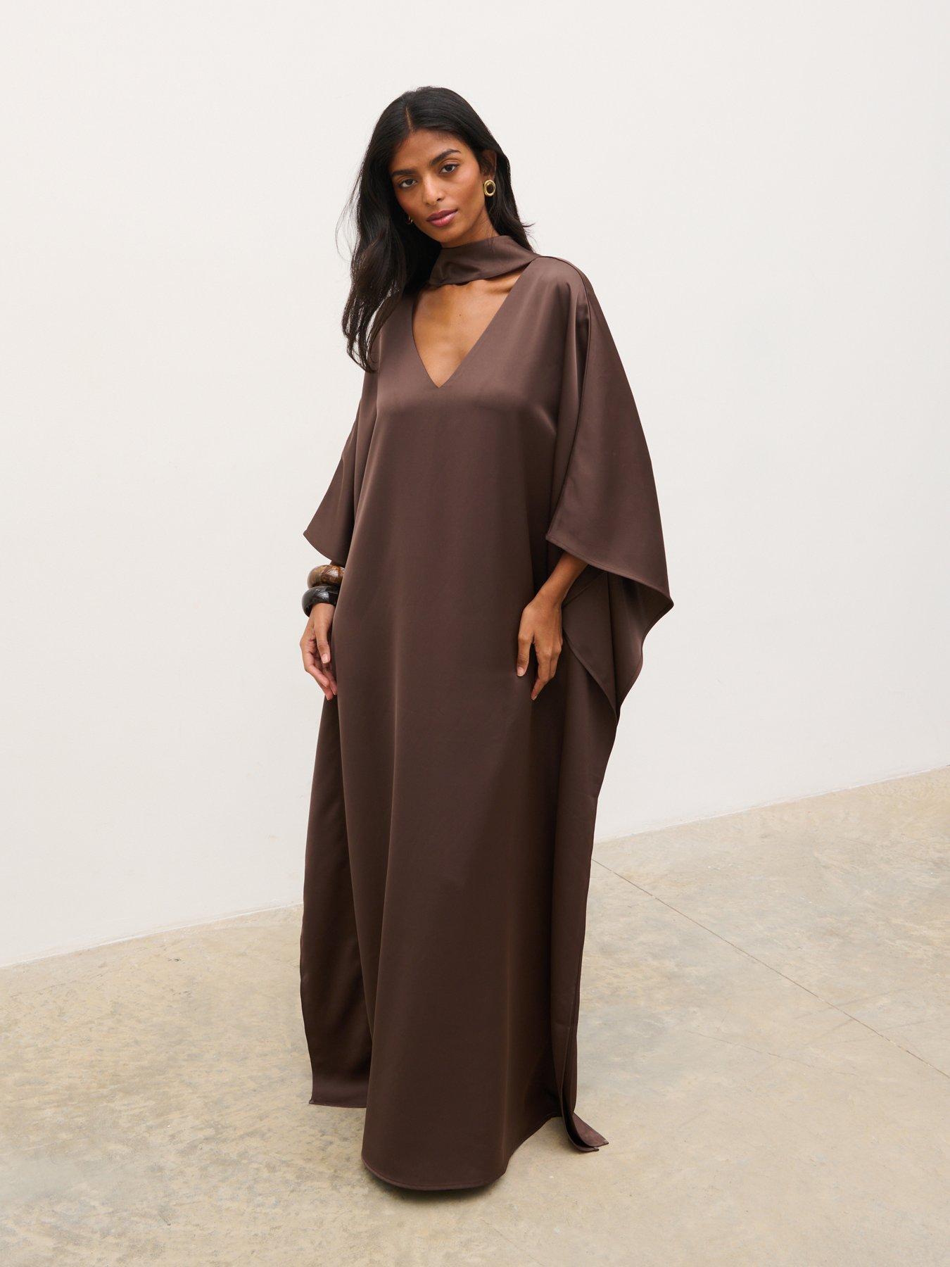 Image 1 of 5 of Pretty Lavish Briarlee Kimono Maxi Dress - Chocolate Brown