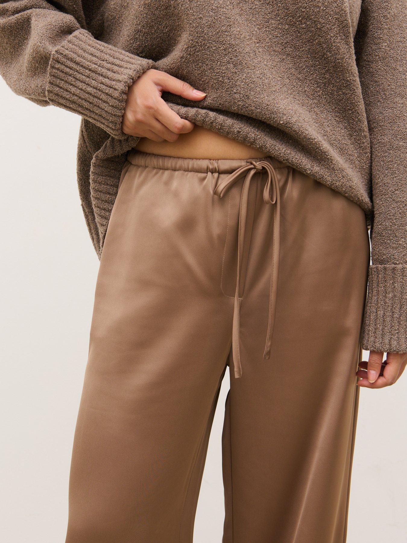 Image 3 of 4 of Pretty Lavish Breya Satin Drawstring Trousers - Mocha