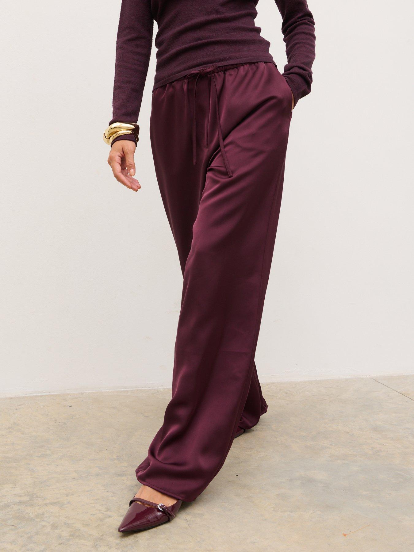 Image 4 of 4 of Pretty Lavish Breya Satin Drawstring Wide Leg Trousers - Red