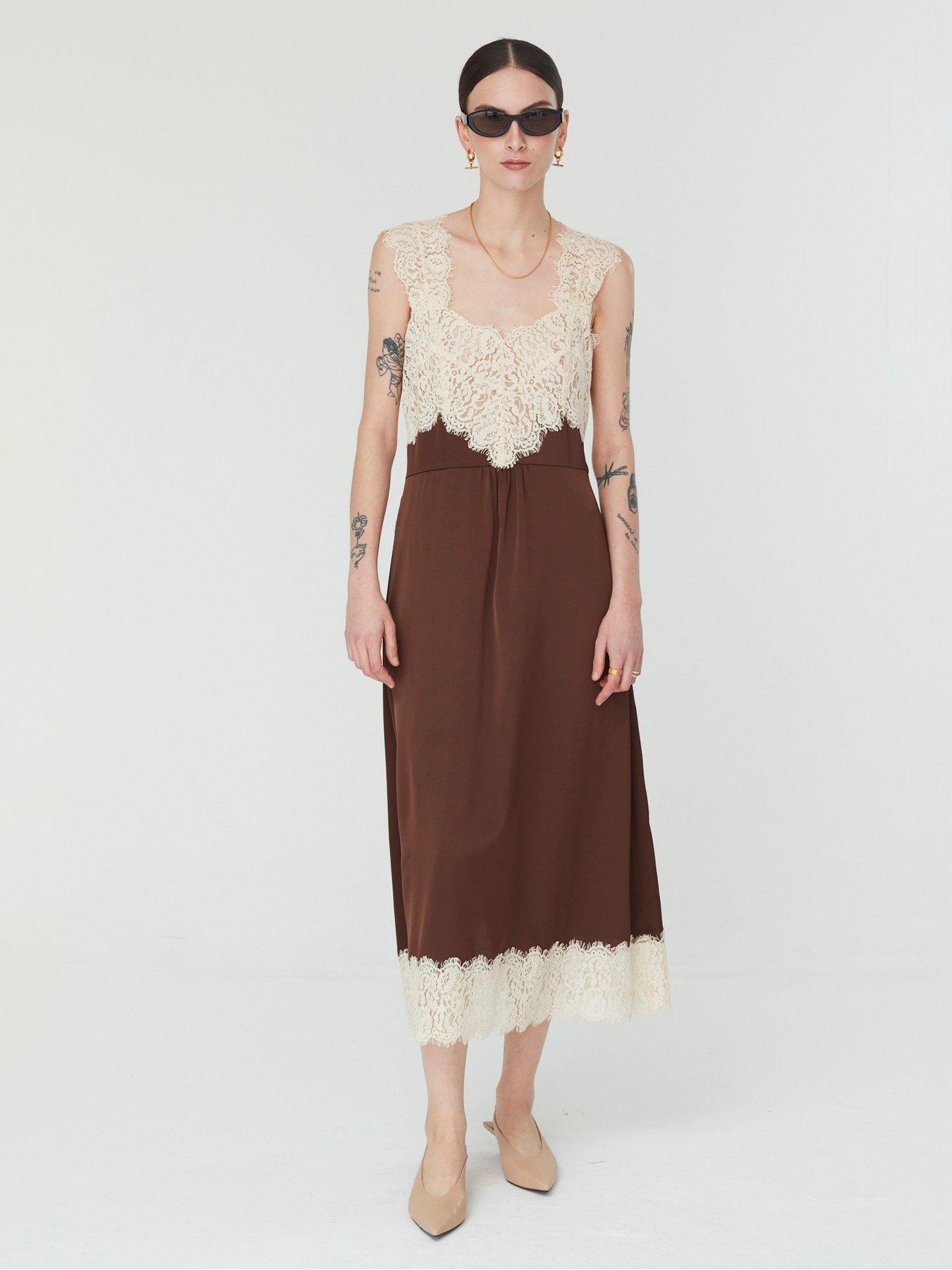 Jovonna London Mina Women's Lace Trim Sleeveless Midi Dress - Brown