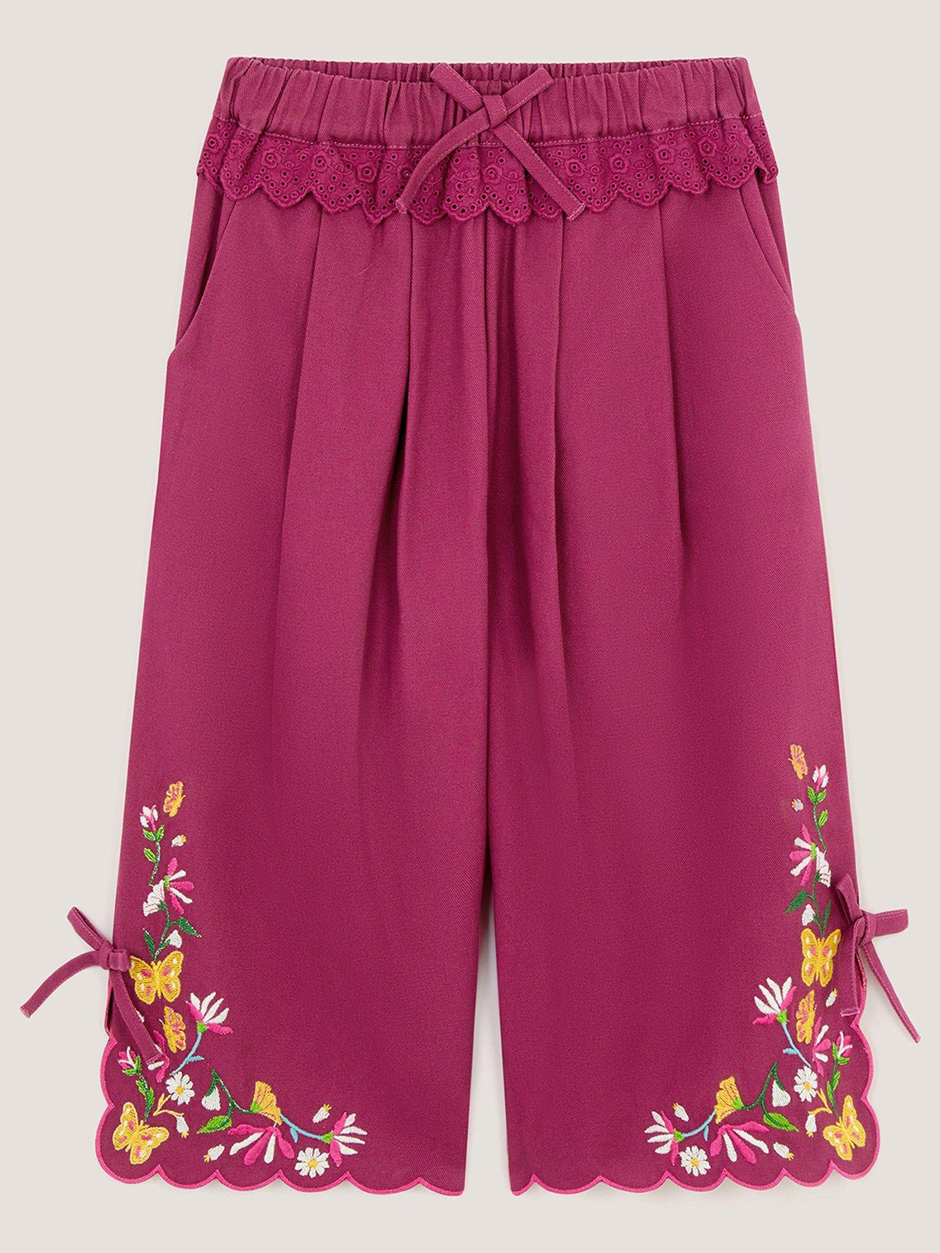 Image 1 of 3 of Monsoon Girls Floral Embroidered Twill Trousers - Magenta