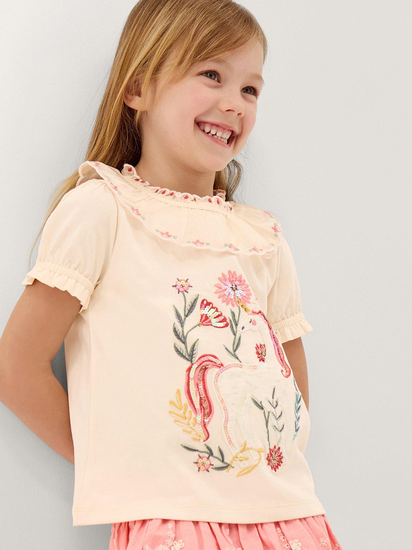 Monsoon Girls Short Sleeve Sequin Unicorn Collar Tshirt - Ivory