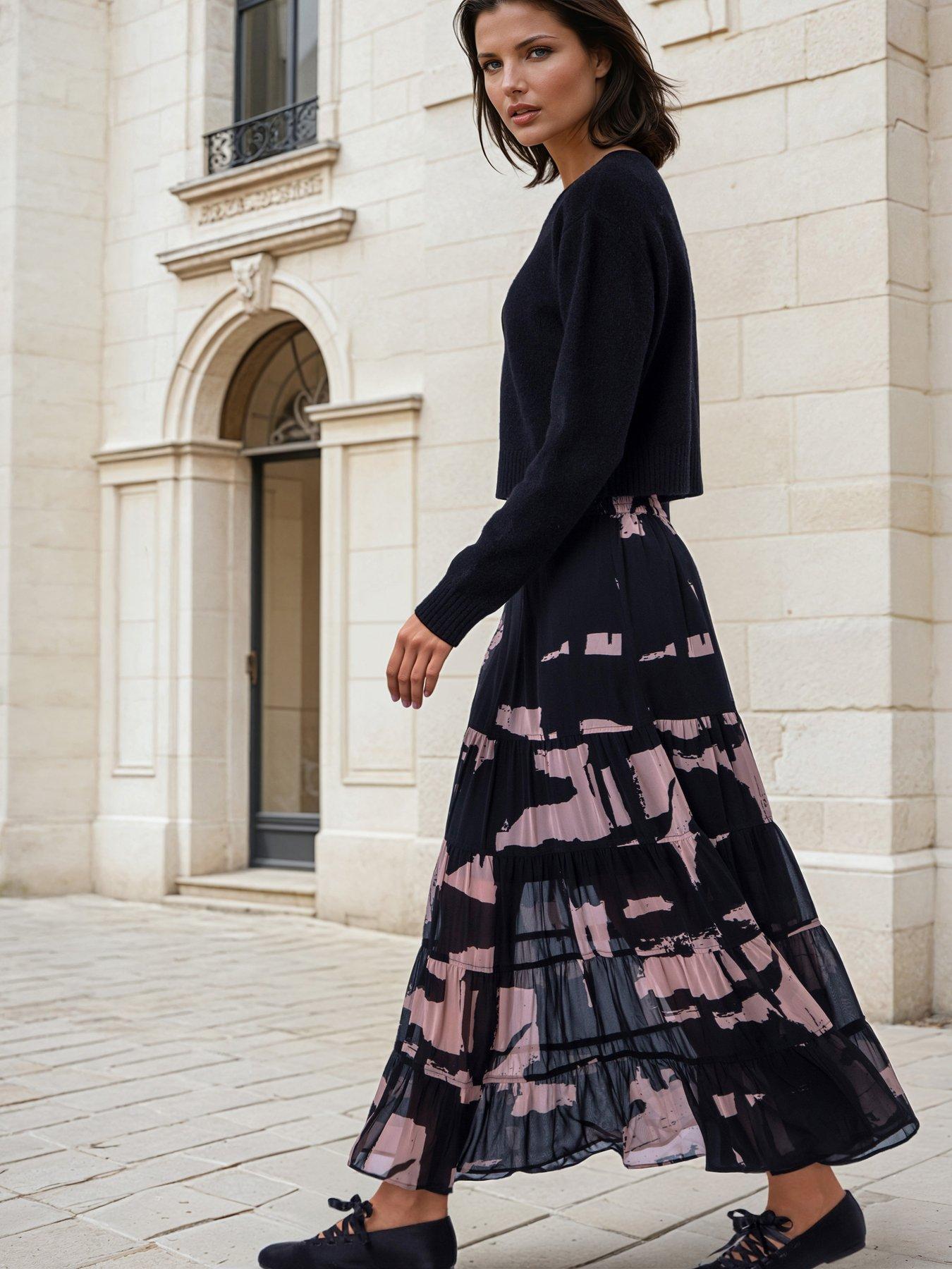Religion Abstract Print Ashes Pink Tiered Citrine Maxi Skirt - Black
