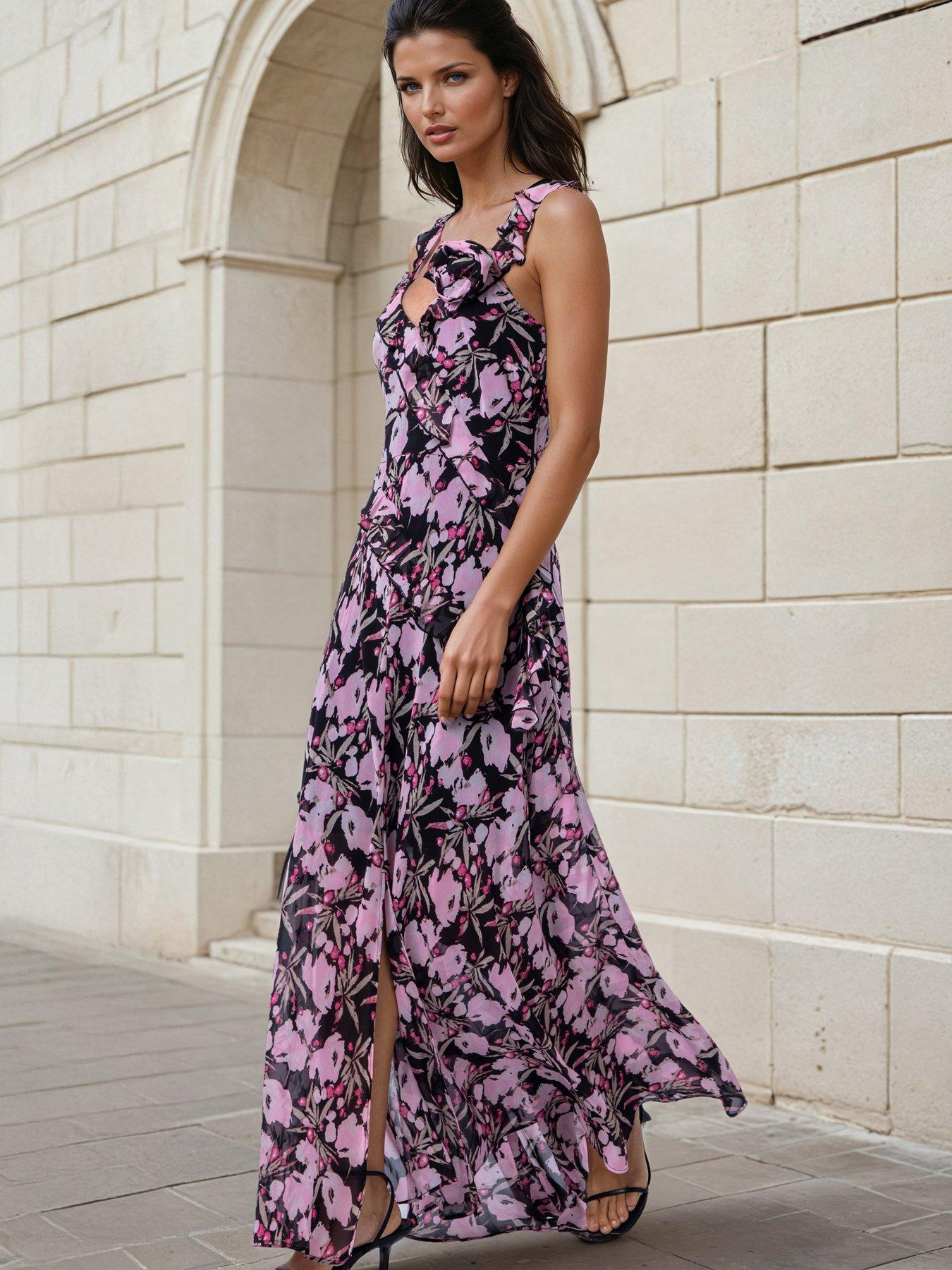 Image 1 of 7 of Religion Floral Prime Print Ruffle Dream Maxi Dress - Pink