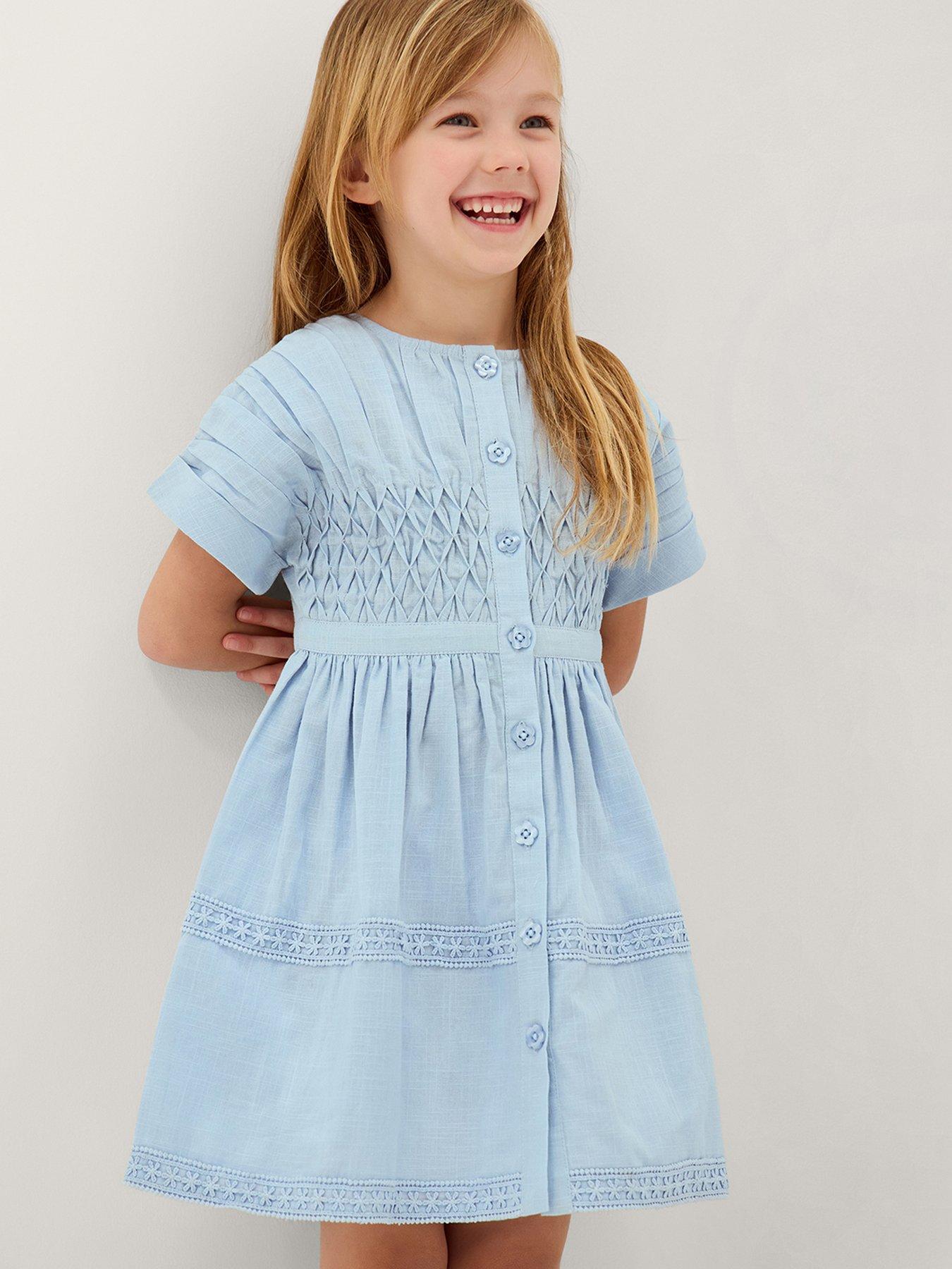 Image 1 of 4 of Monsoon Girls Smocked Button Through Dress - Blue