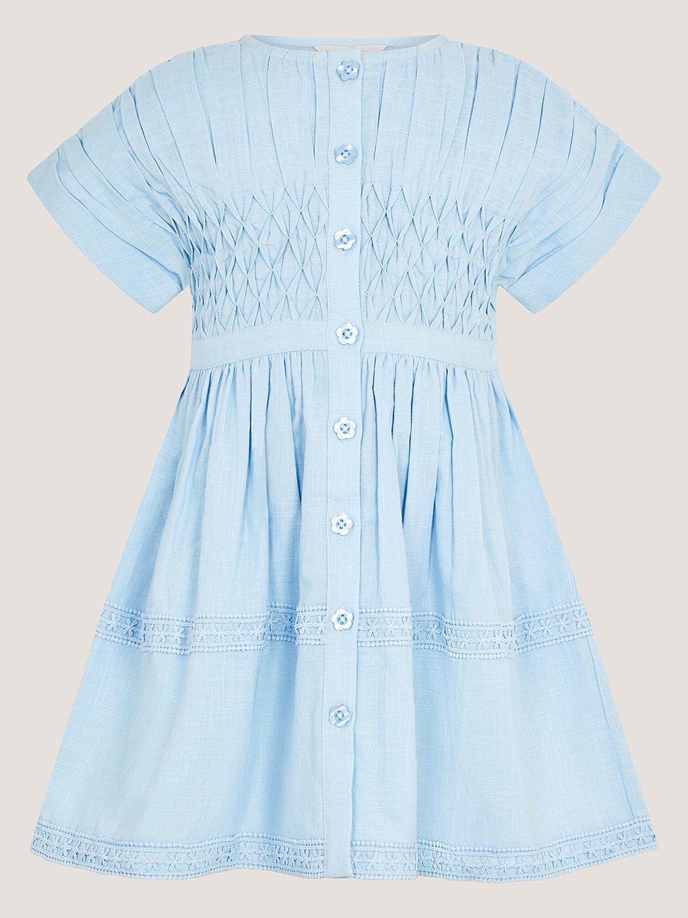 Image 2 of 4 of Monsoon Girls Smocked Button Through Dress - Blue