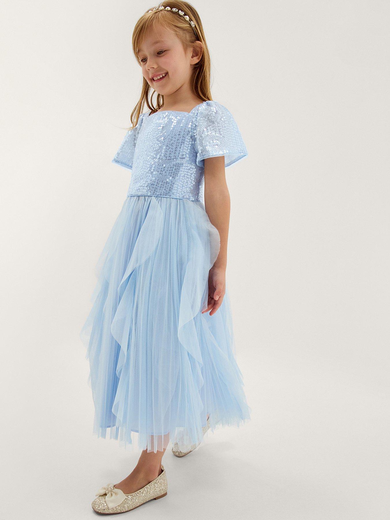 Monsoon Girls Sequin Scarla Pleated Dress - Pale Blue