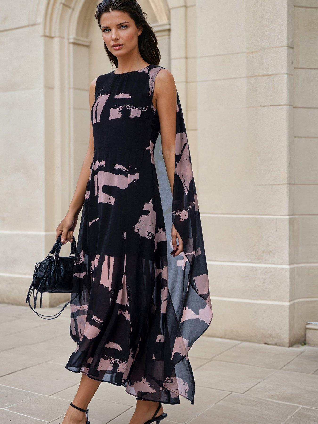 Religion Abstract Facade Ashes Print Shea Cape Maxi Dress - Black