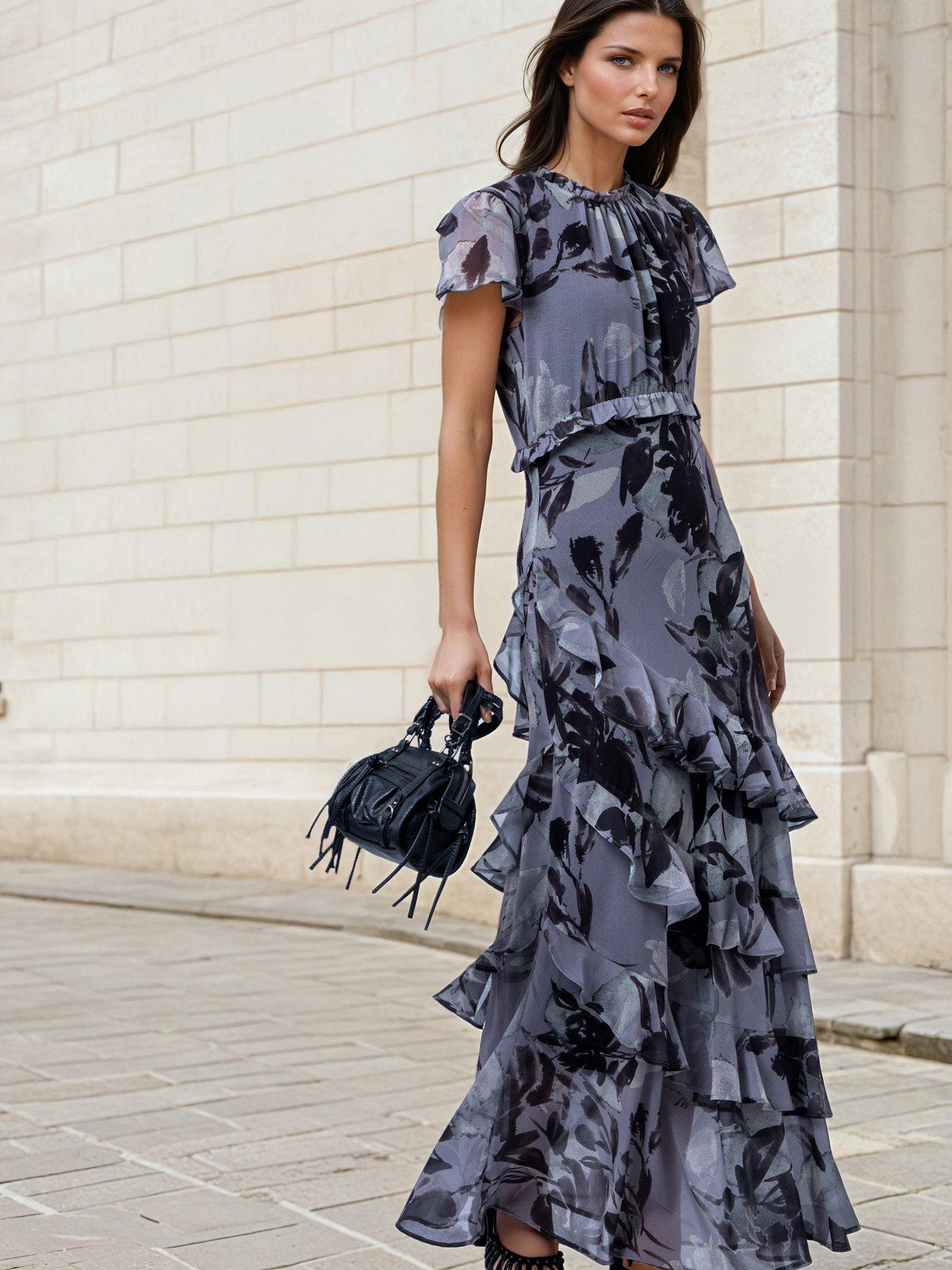 Religion Floral Print Tiered Maxi Dress - Grey