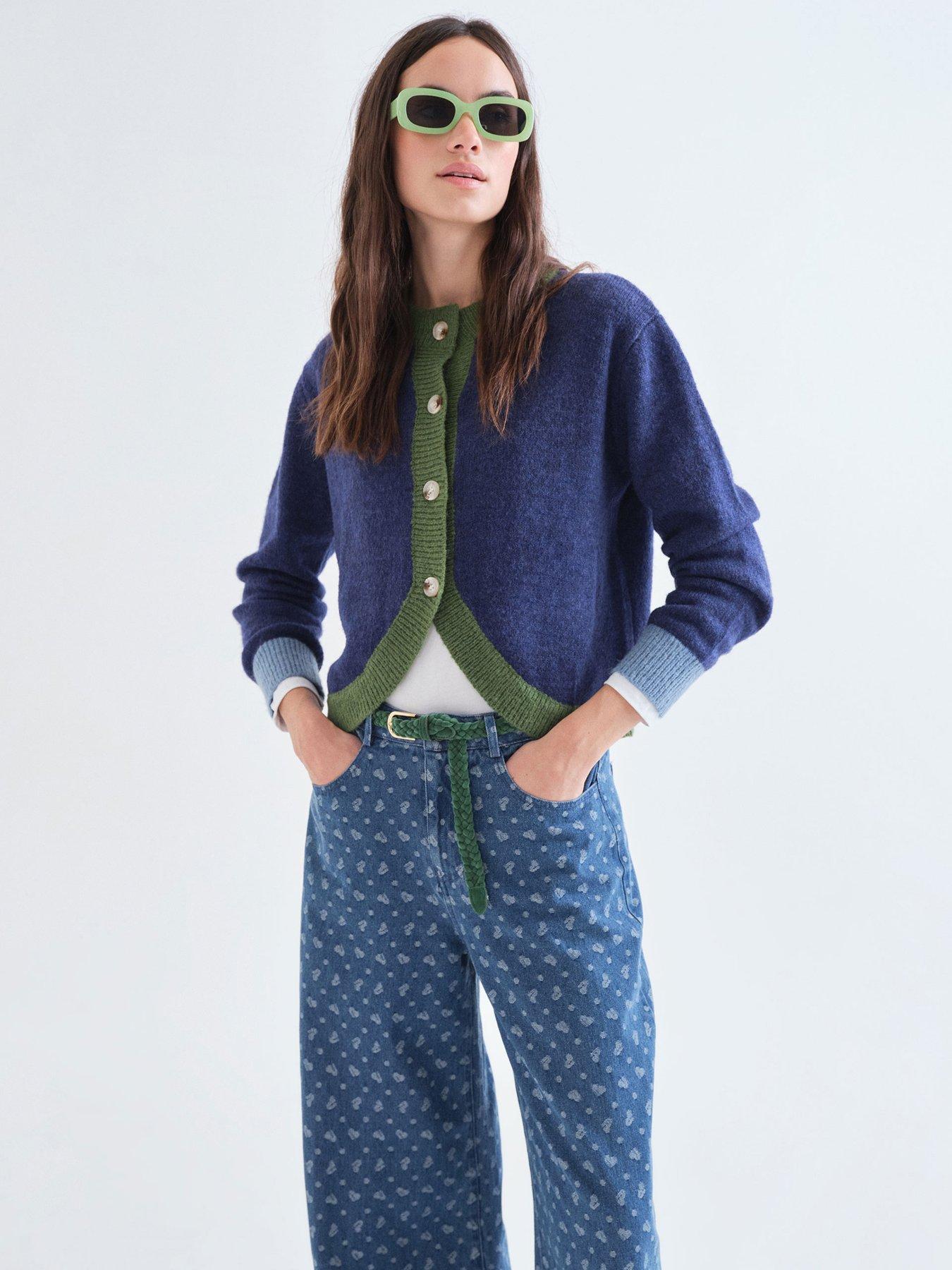 Compania Fantastica Women's Contrast Trim Button-Through Cardigan - Blue/Green
