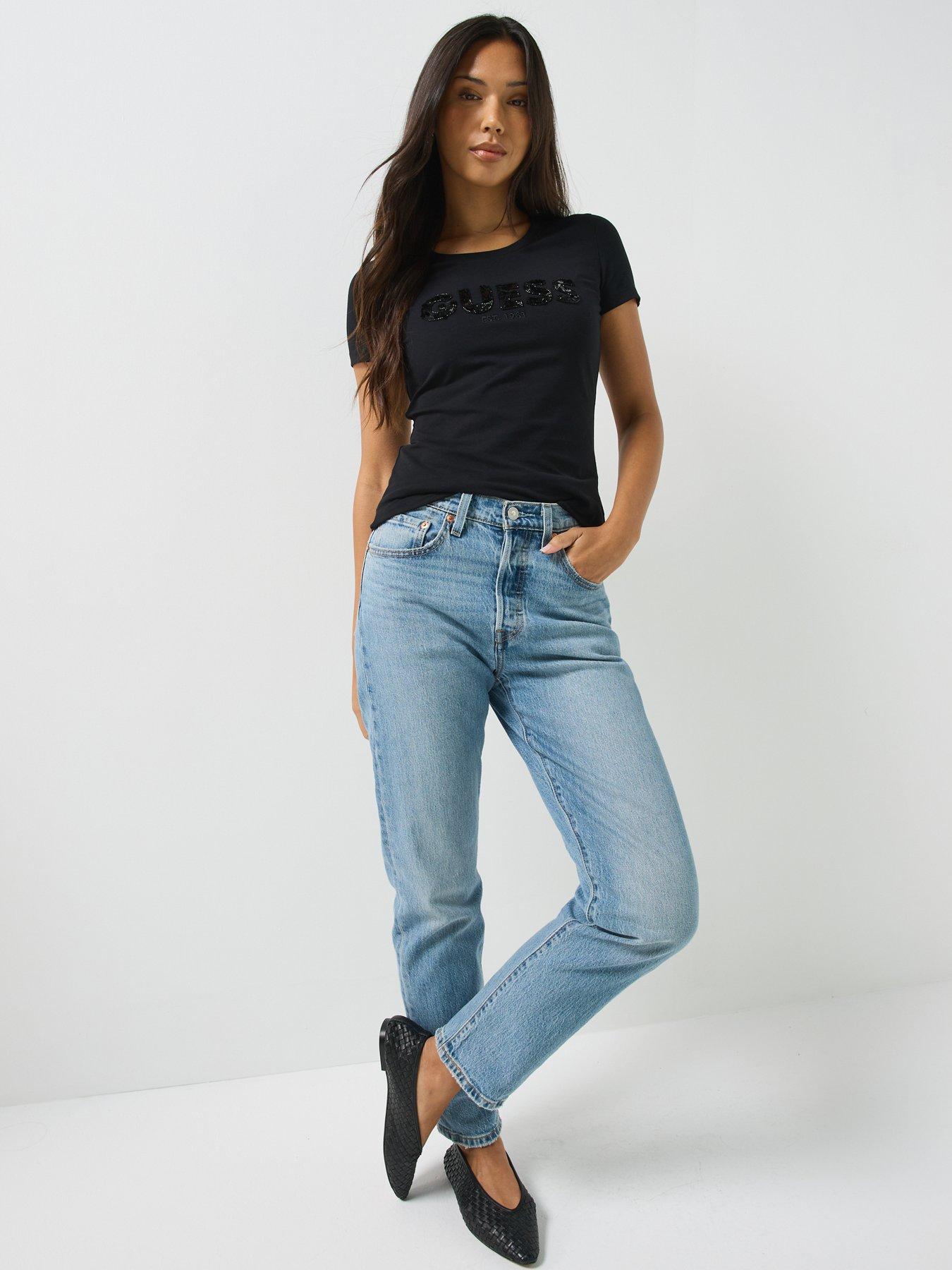 Image 3 of 6 of Guess Short Sleeve Logo Sequins T-Shirt - Black