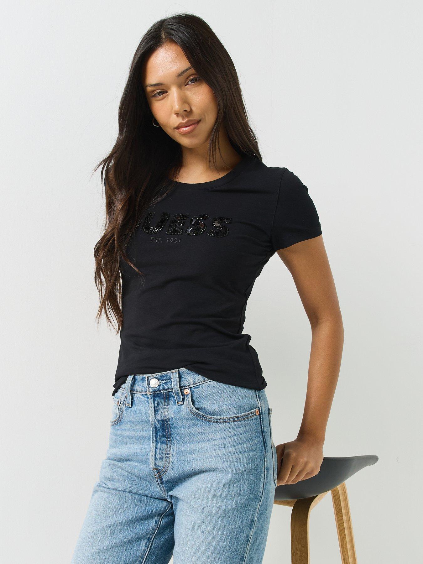 Image 4 of 6 of Guess Short Sleeve Logo Sequins T-Shirt - Black