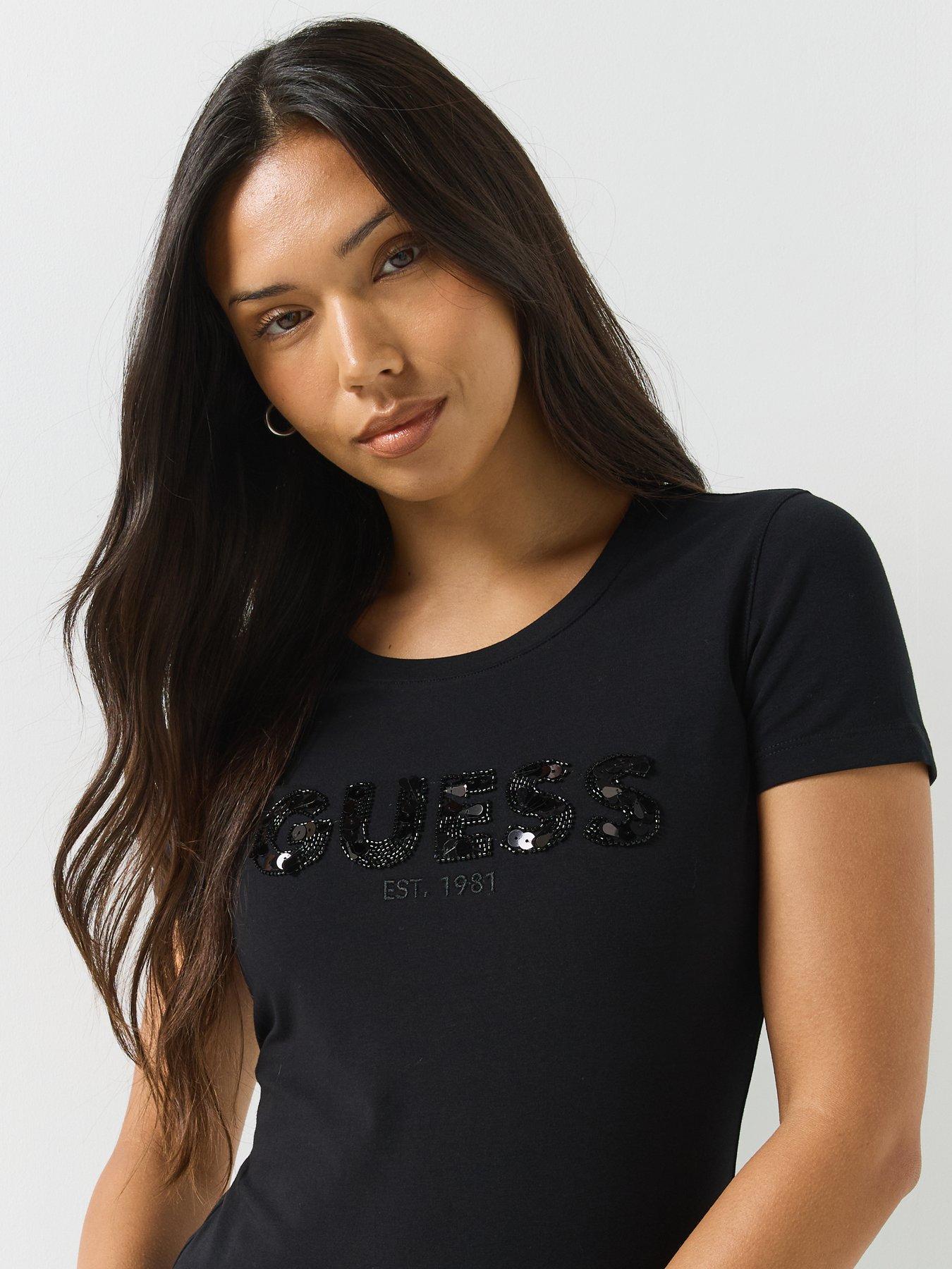 Image 6 of 6 of Guess Short Sleeve Logo Sequins T-Shirt - Black