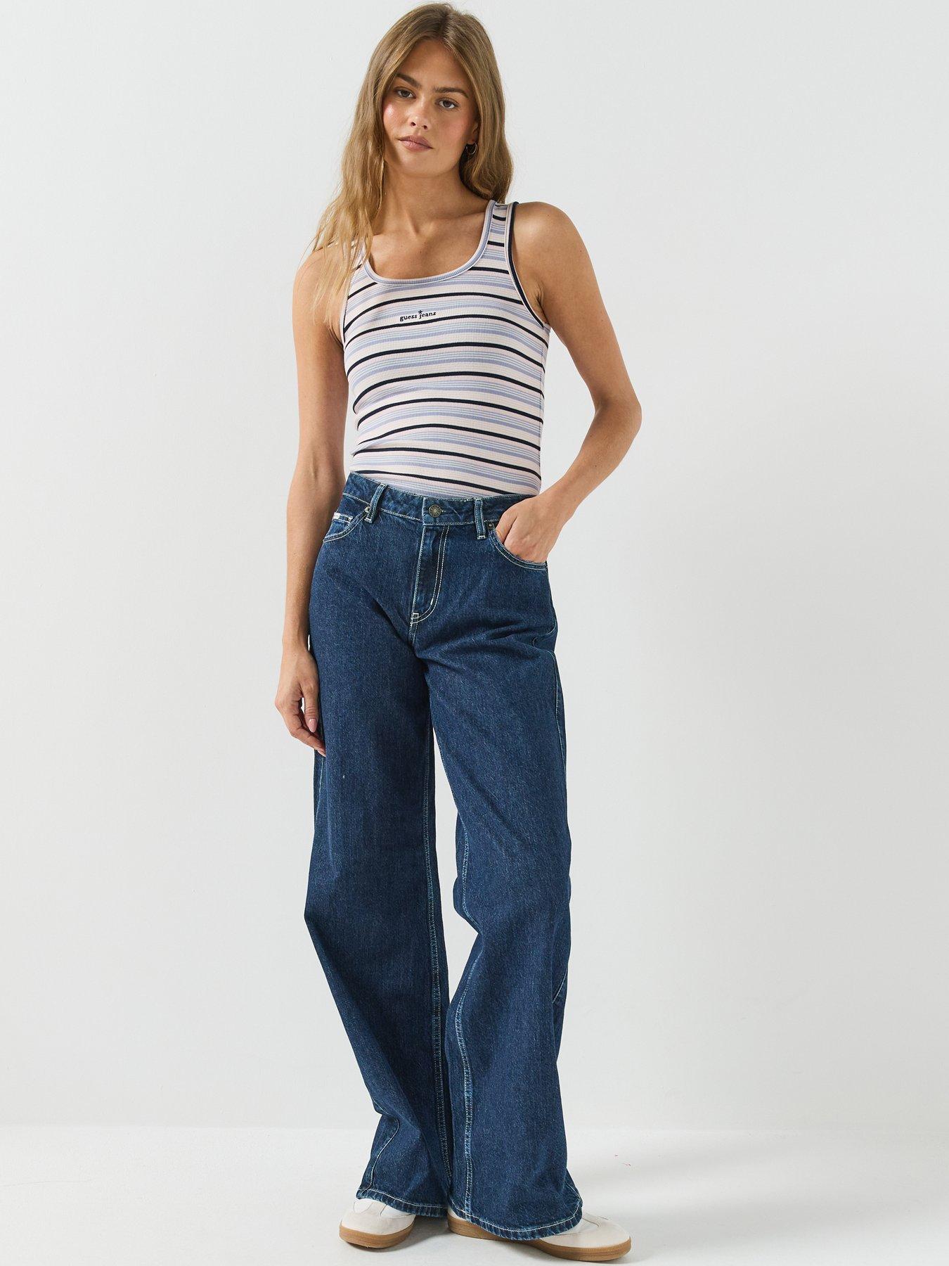 Image 3 of 6 of Guess Jeans Womens Ribbed Stripe Embroidered Logo Tank Top - Blue