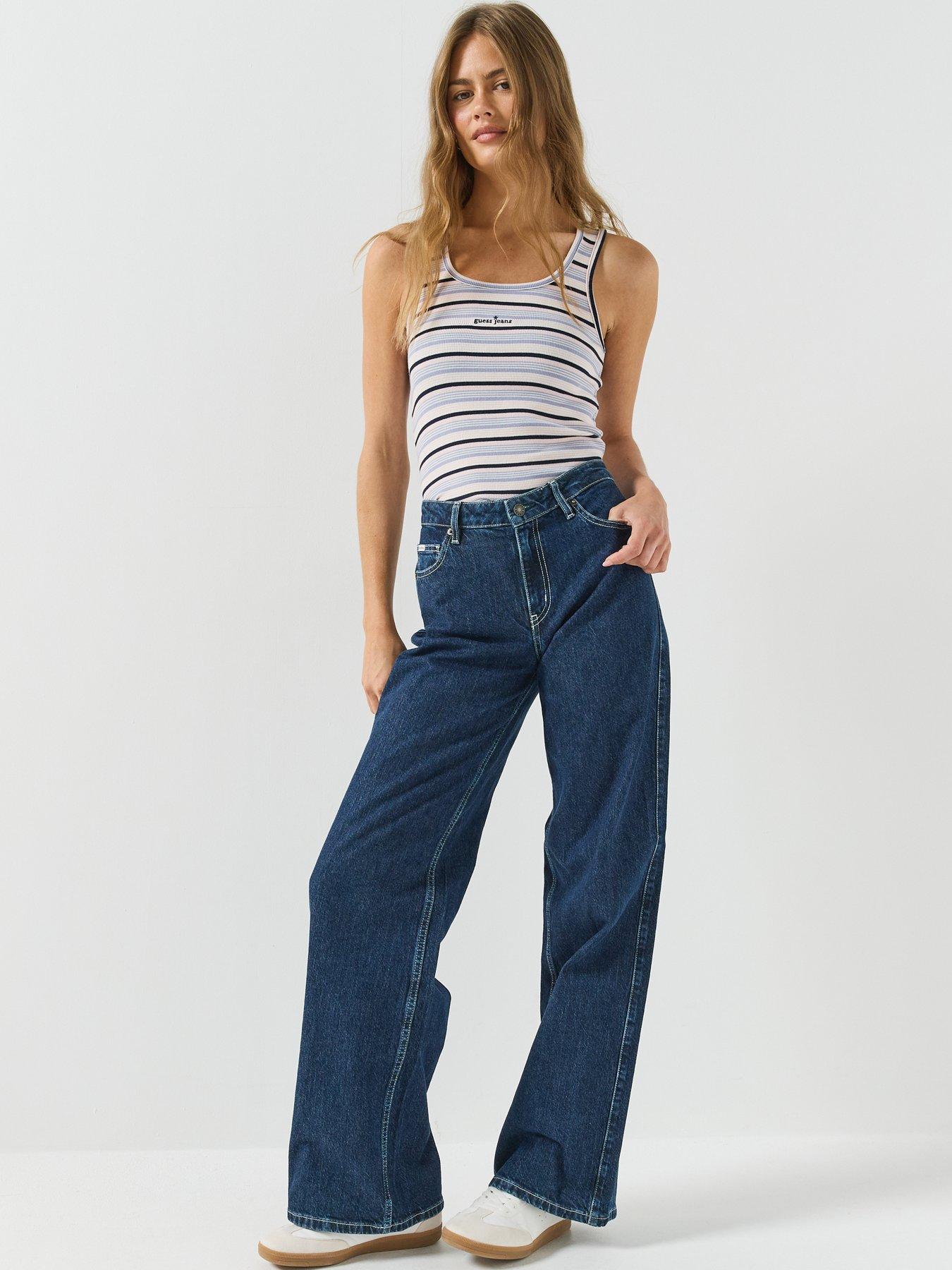 Image 6 of 6 of Guess Jeans Womens Ribbed Stripe Embroidered Logo Tank Top - Blue