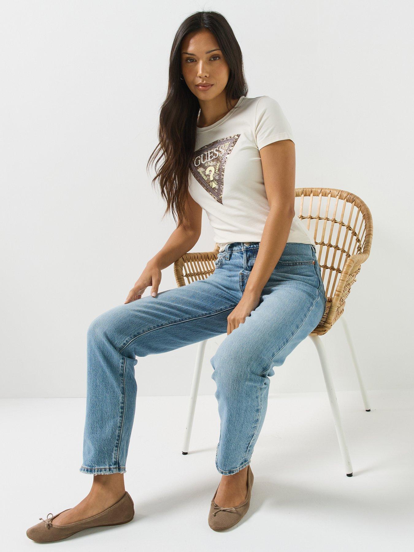 Image 1 of 6 of Guess Short Sleeve Snake Triangle T-Shirt - Cream
