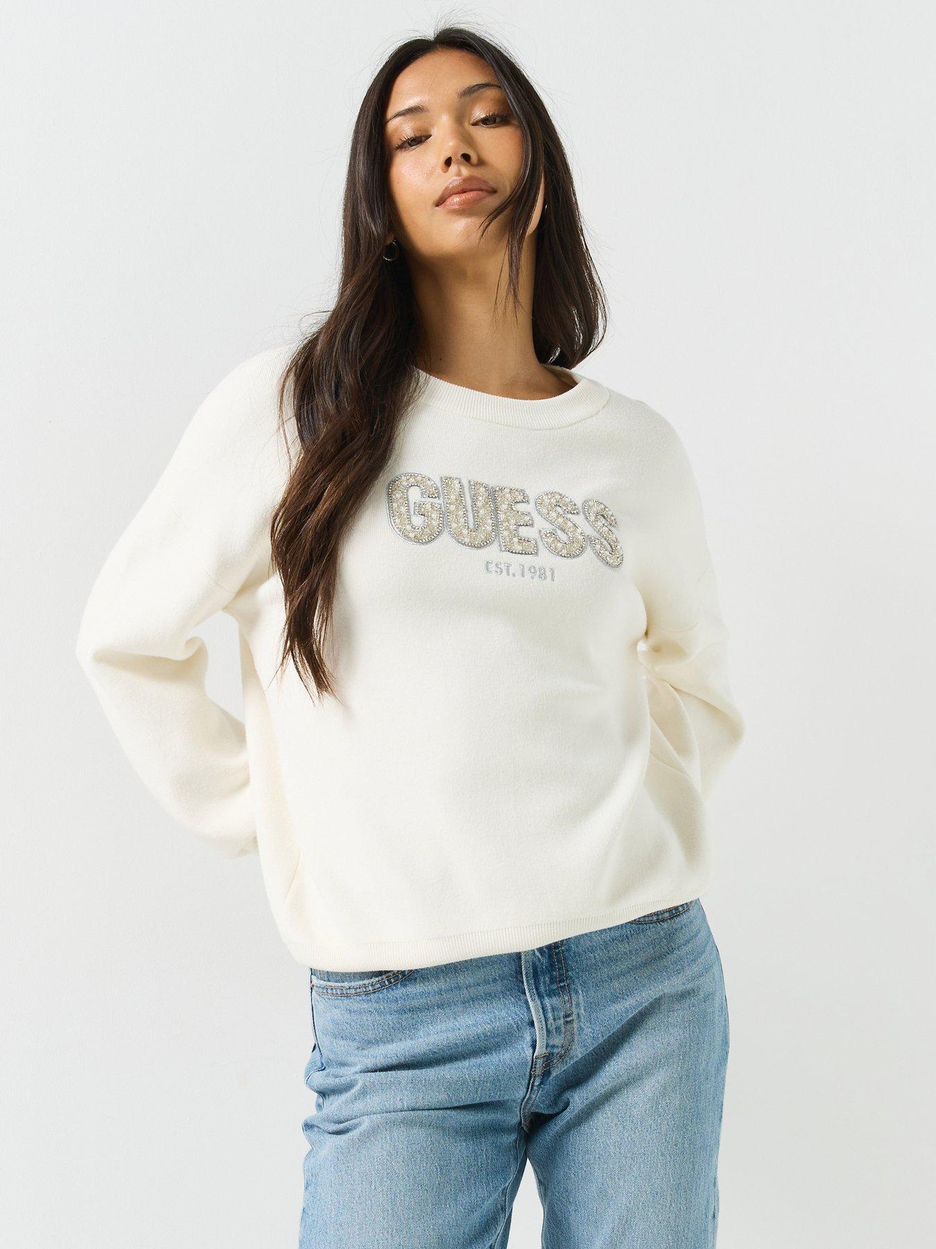 Image 1 of 6 of Guess Long Sleeve Madeline Logo Sweater - Cream